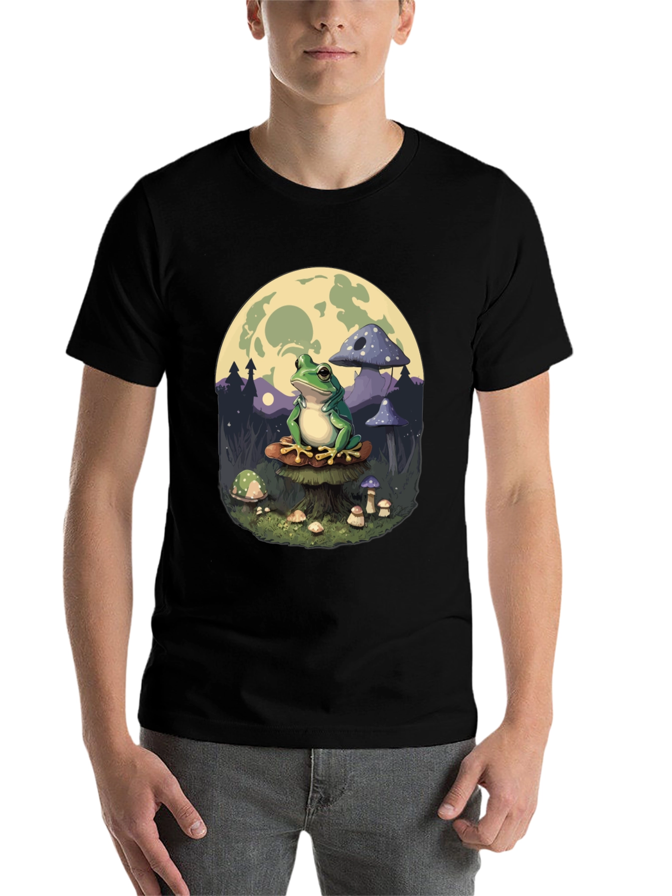 Black Frog on Mushroom T-Shirt - Whimsical Design view 7