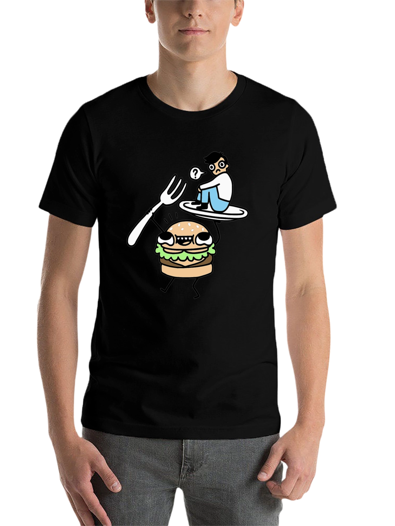 Black Funny Cartoon Burger T-Shirt - Black Cotton Tee view 7