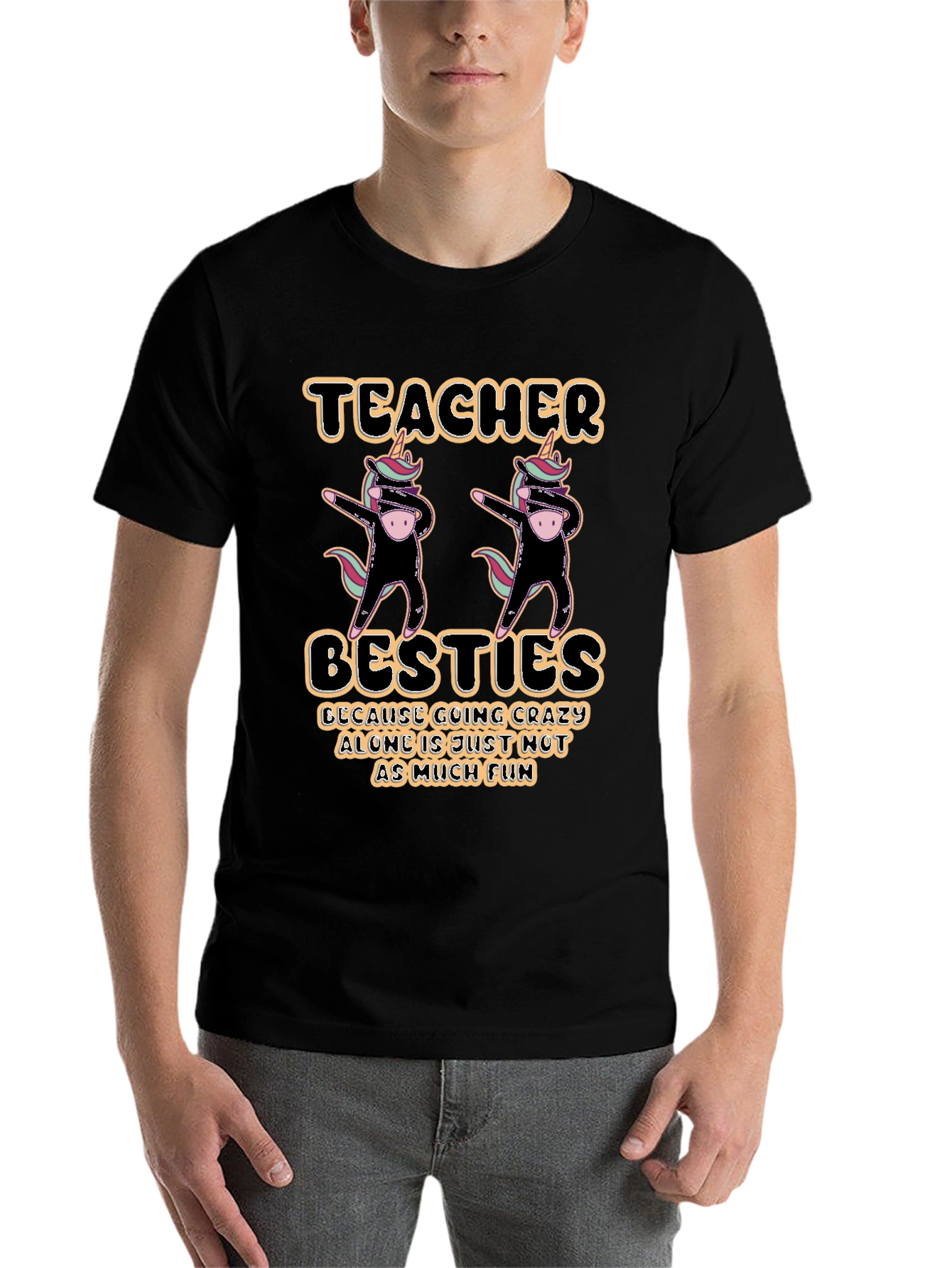 Black Teacher Besties Unicorn Dabbing Graphic T-Shirt view 7