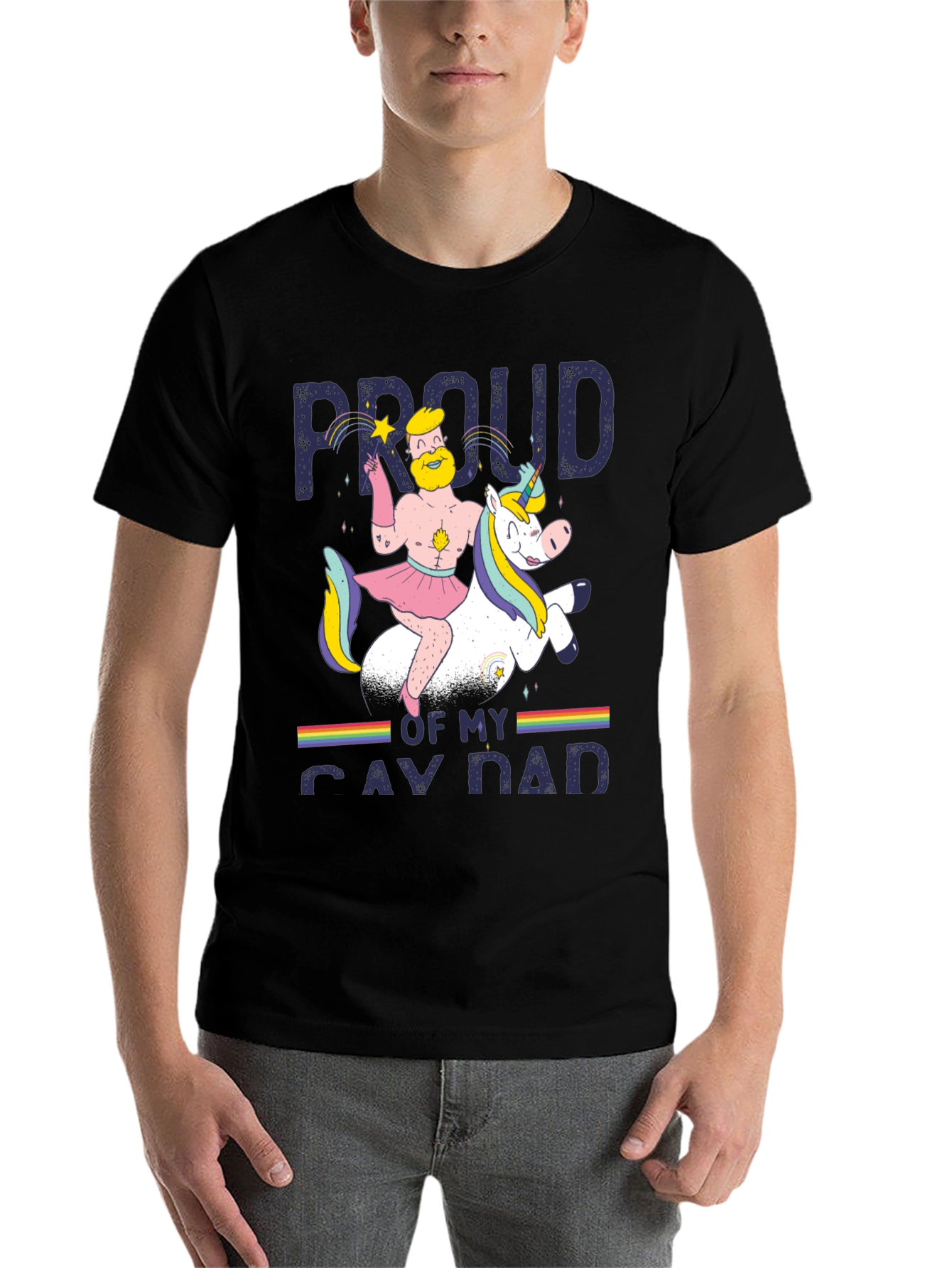 Black Proud Gay Dad T-Shirt - Rainbow Unicorn Dad Pride Tee view 7