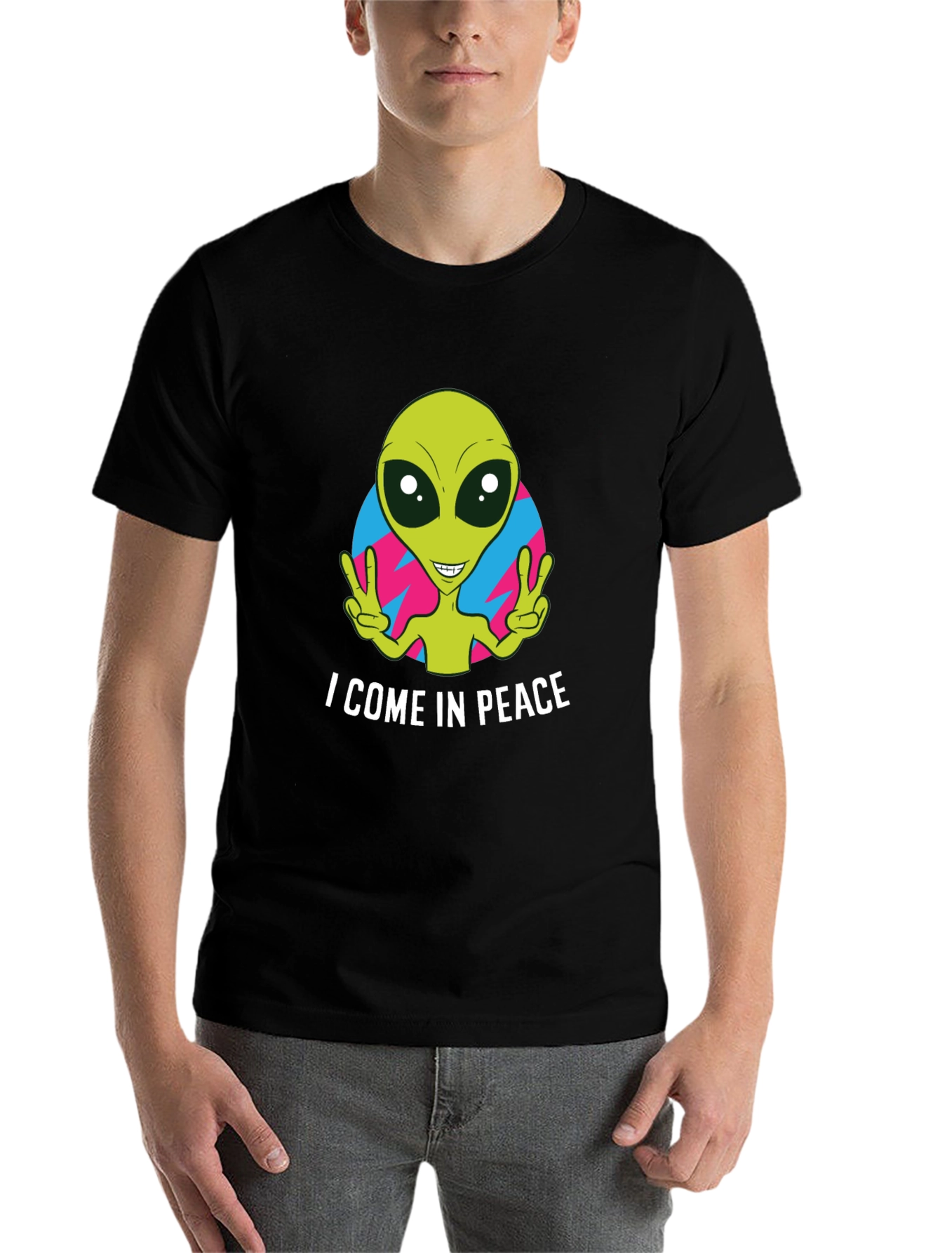 Black Peace Alien Graphic T-Shirt - Black, Short Sleeve view 7