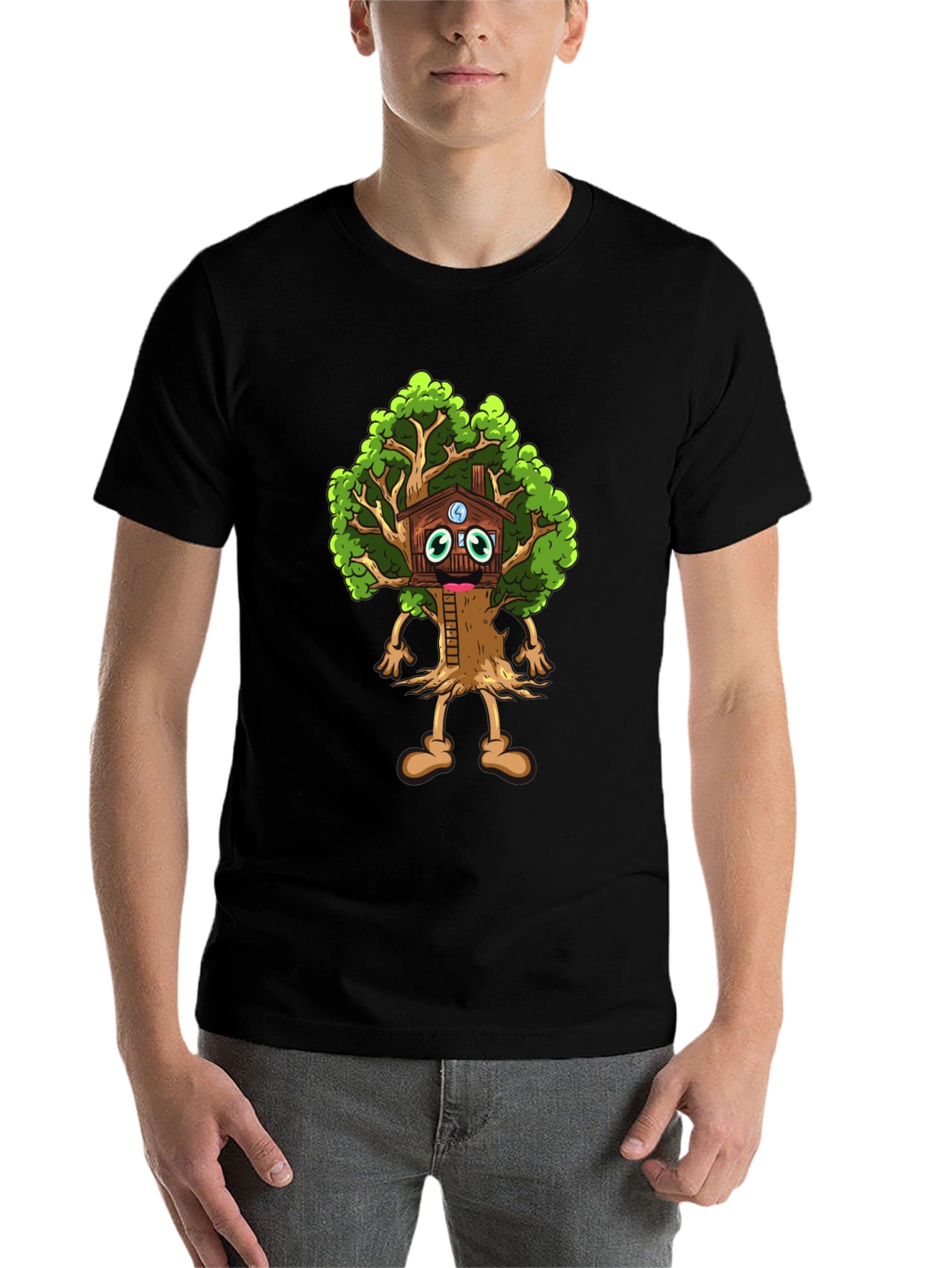 Black Cartoon Tree House T-Shirt - Unique Graphic Tee view 7