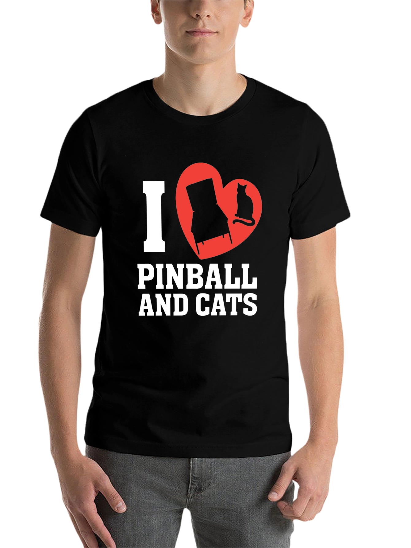 Black I Love Pinball and Cats Graphic T-Shirt view 7