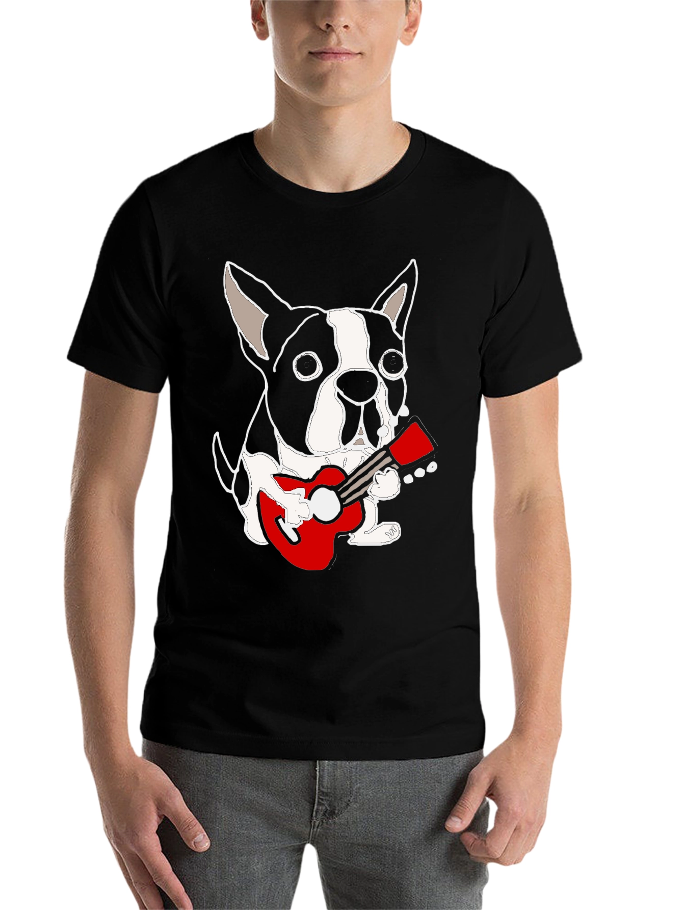 Black Dog Playing Guitar Graphic Tee - Black Cotton Casual T-Shirt view 7