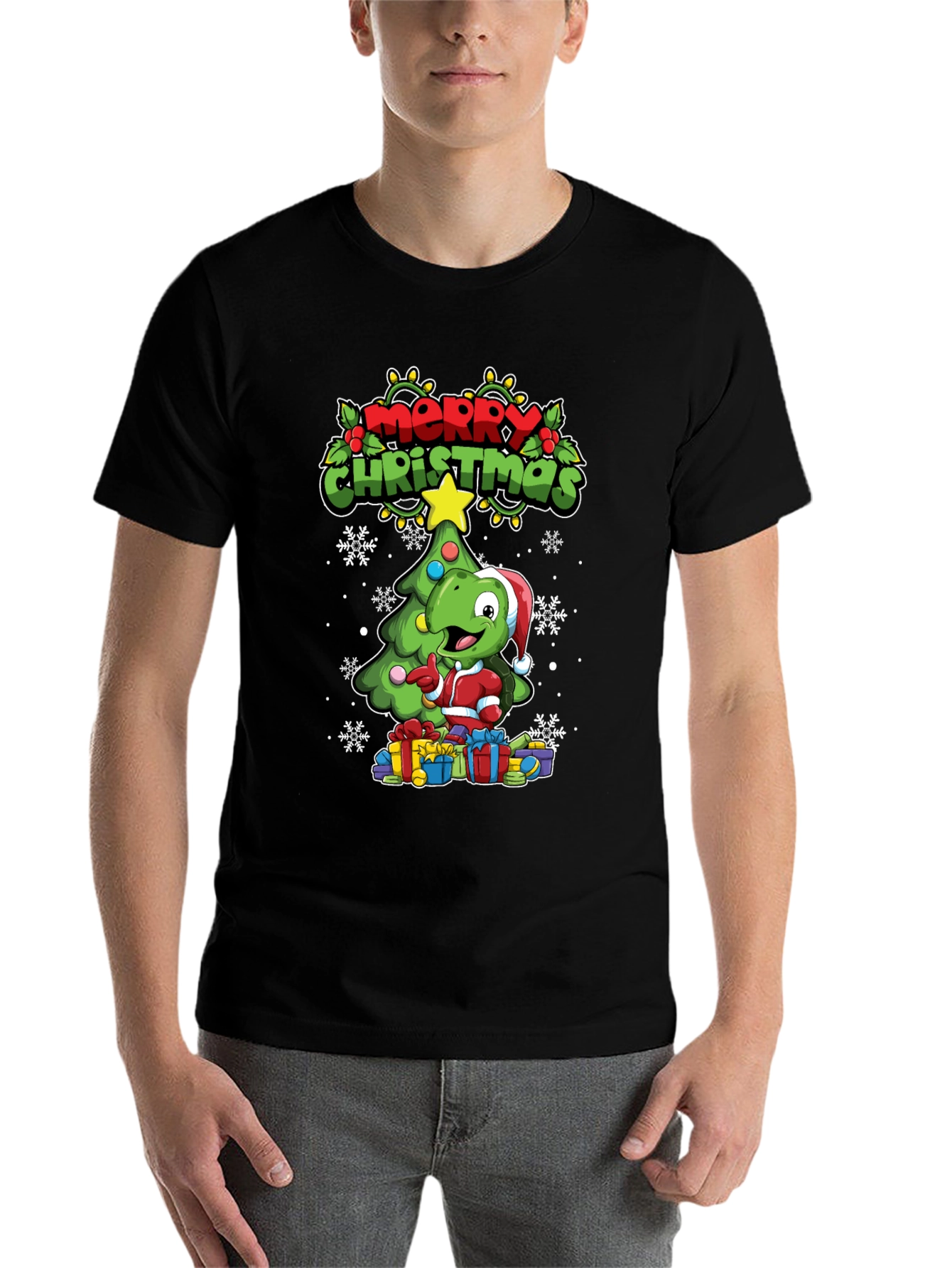 Black Festive Dino Christmas T-Shirt view 7