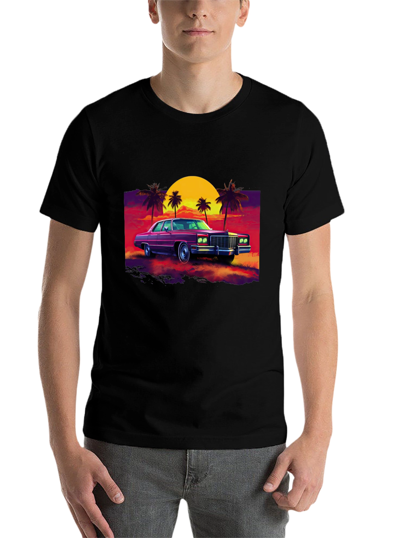 Black Retro Car & Sunset Graphic Tee view 7