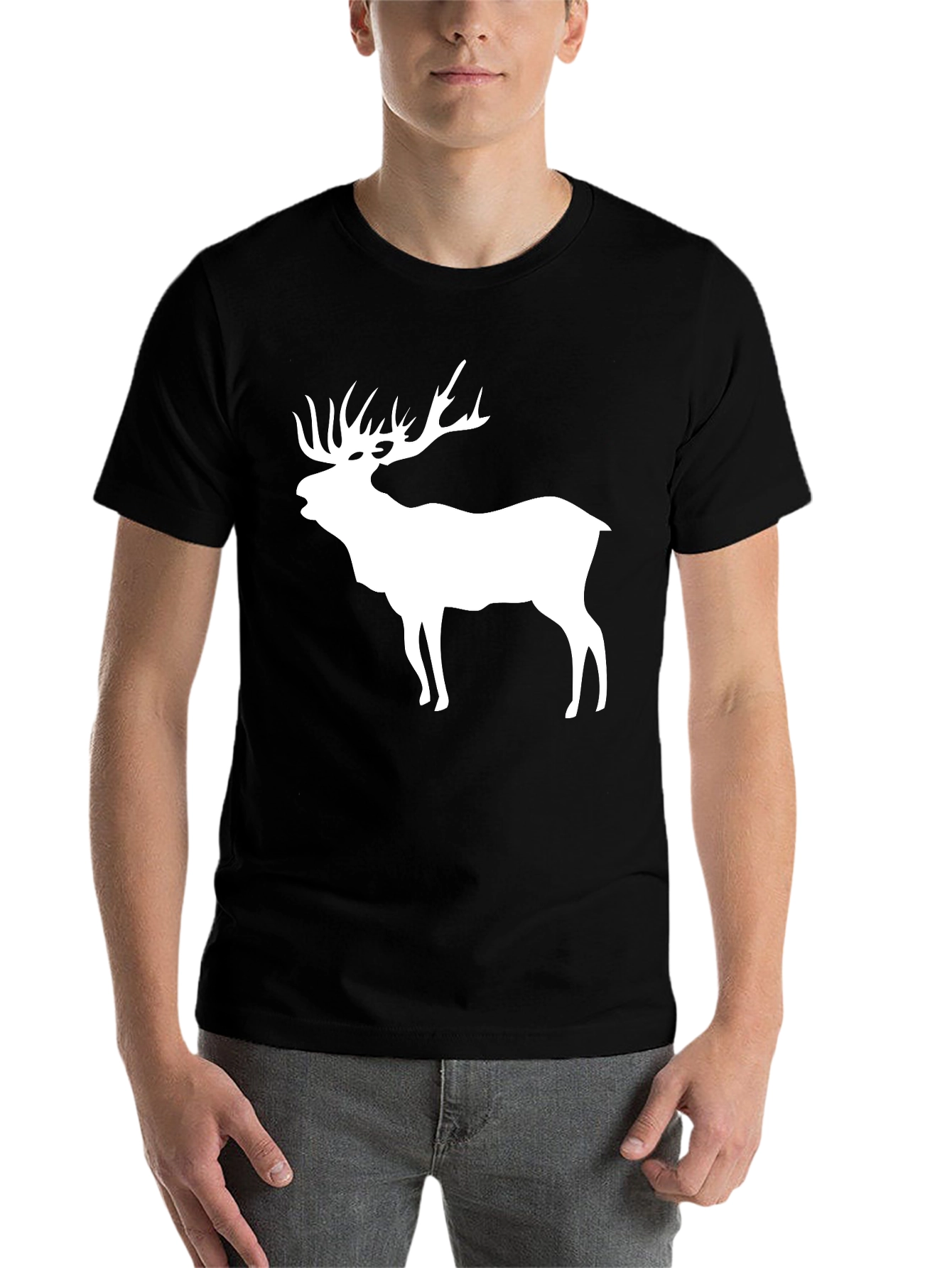 Black Men's Black T-Shirt with White Elk Silhouette view 7