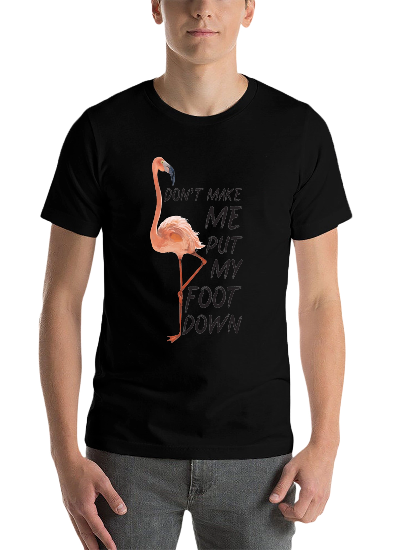 Black Funny Flamingo T-Shirt: Don't Make Me Put My Foot Down view 7
