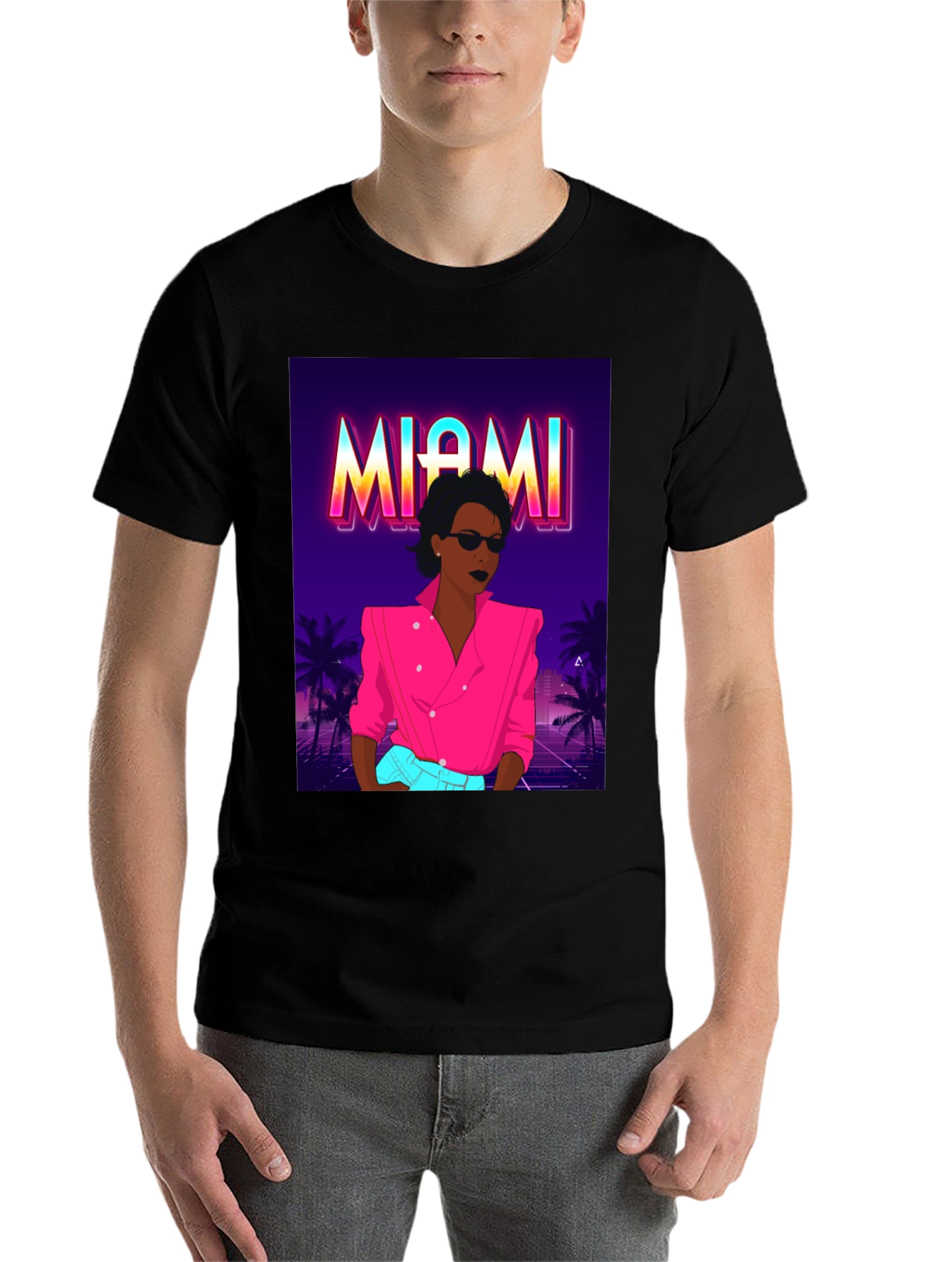 Black Miami Vice Style Graphic T-Shirt - Retro Design view 7