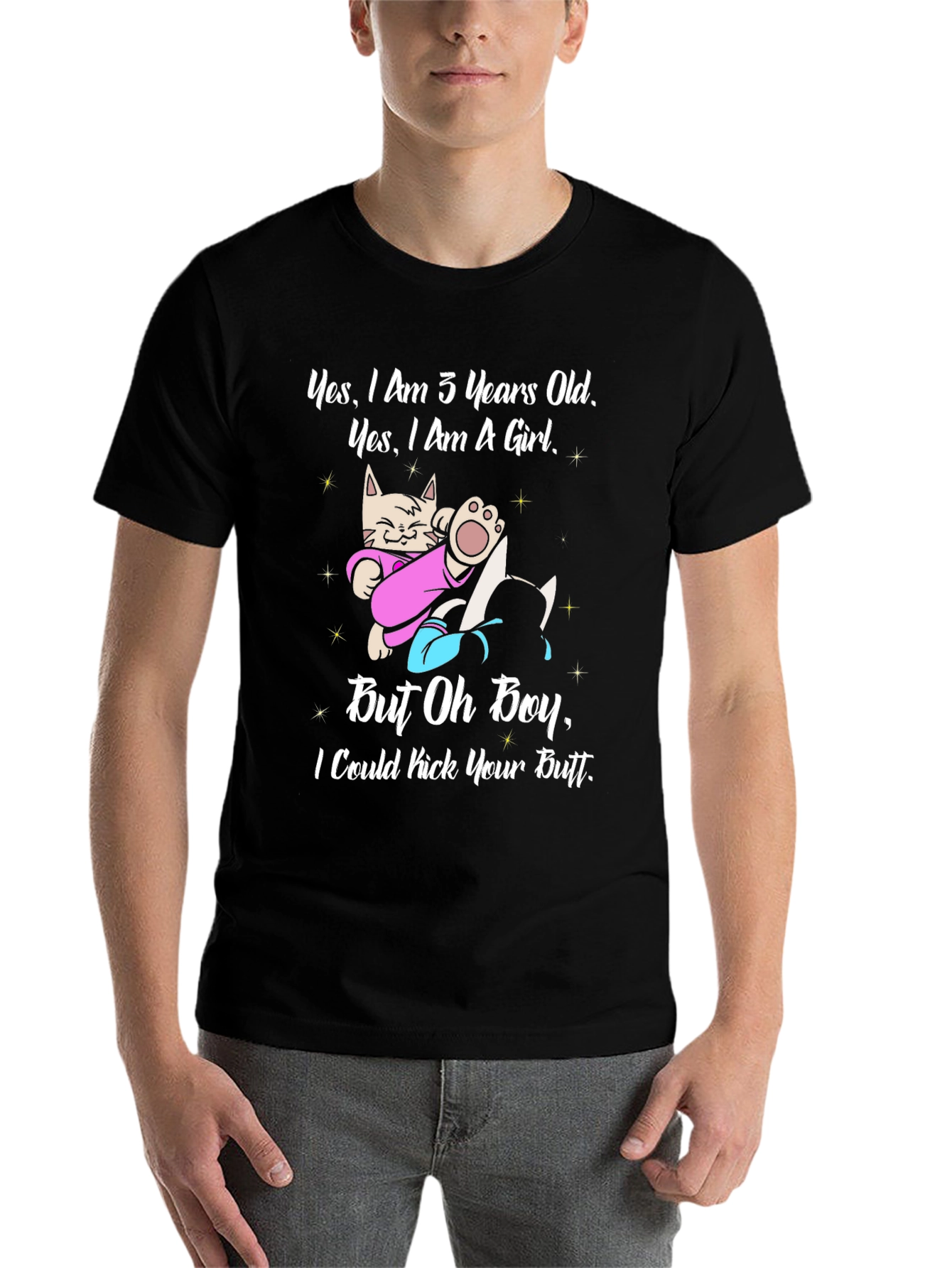 Black Funny Cat Girl T-Shirt - 3 Years Old and Ready to Kick Butt! view 7