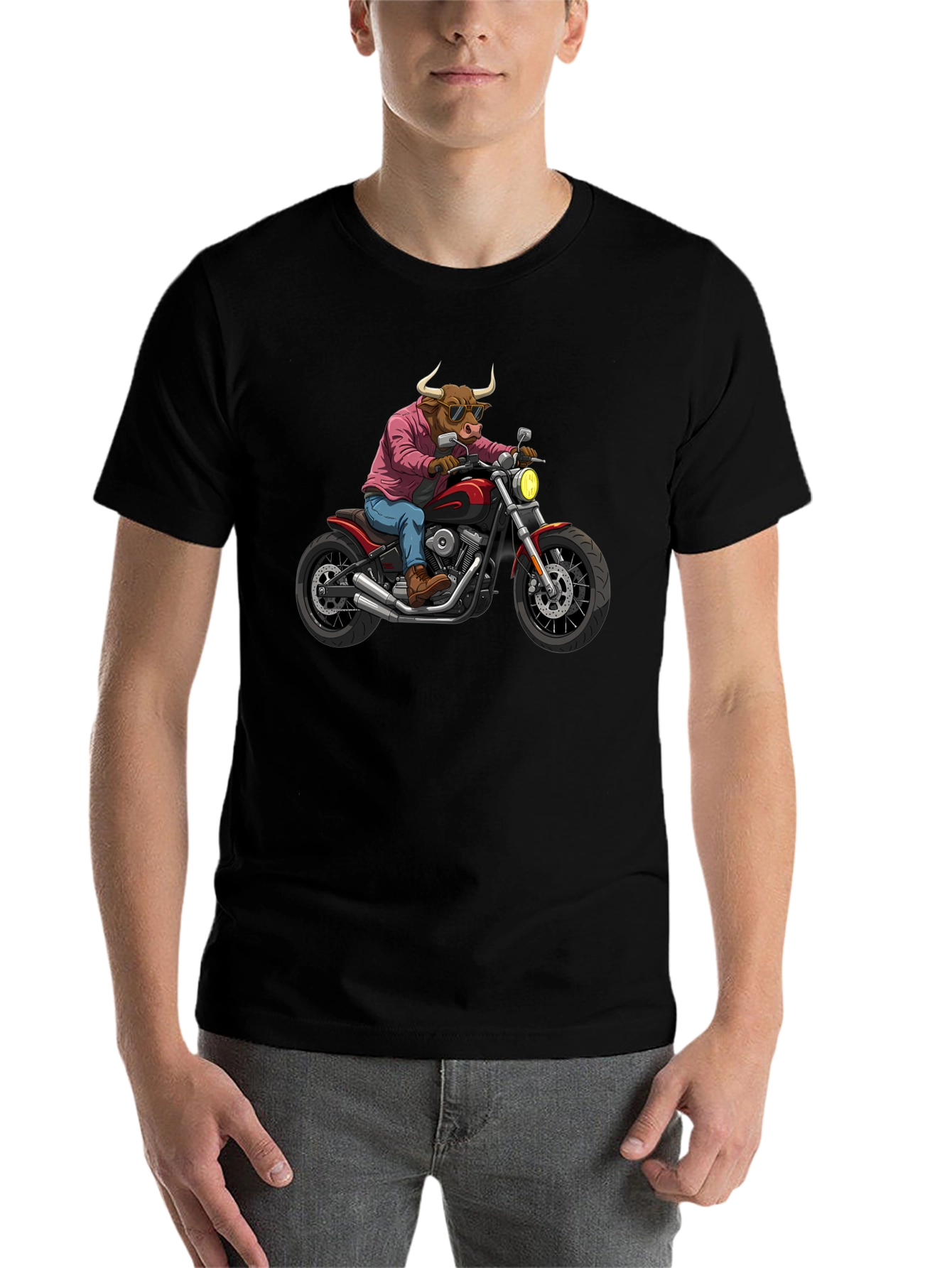 Black Cool Bull on Motorcycle T-Shirt - Black Cotton Graphic Tee view 7