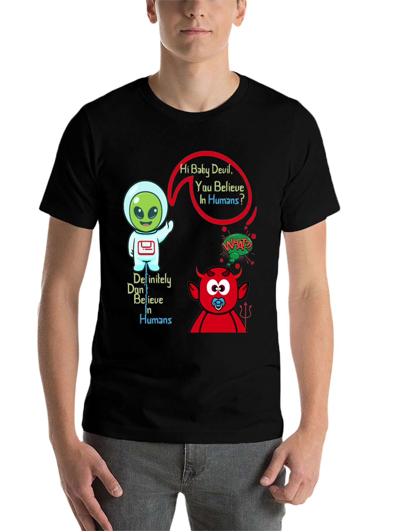 Black Alien & Baby Devil Graphic T-Shirt - Believe in Humans? view 7