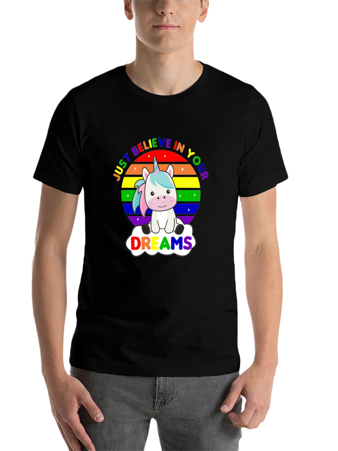 Black Believe in Your Dreams Rainbow Unicorn T-Shirt view 7