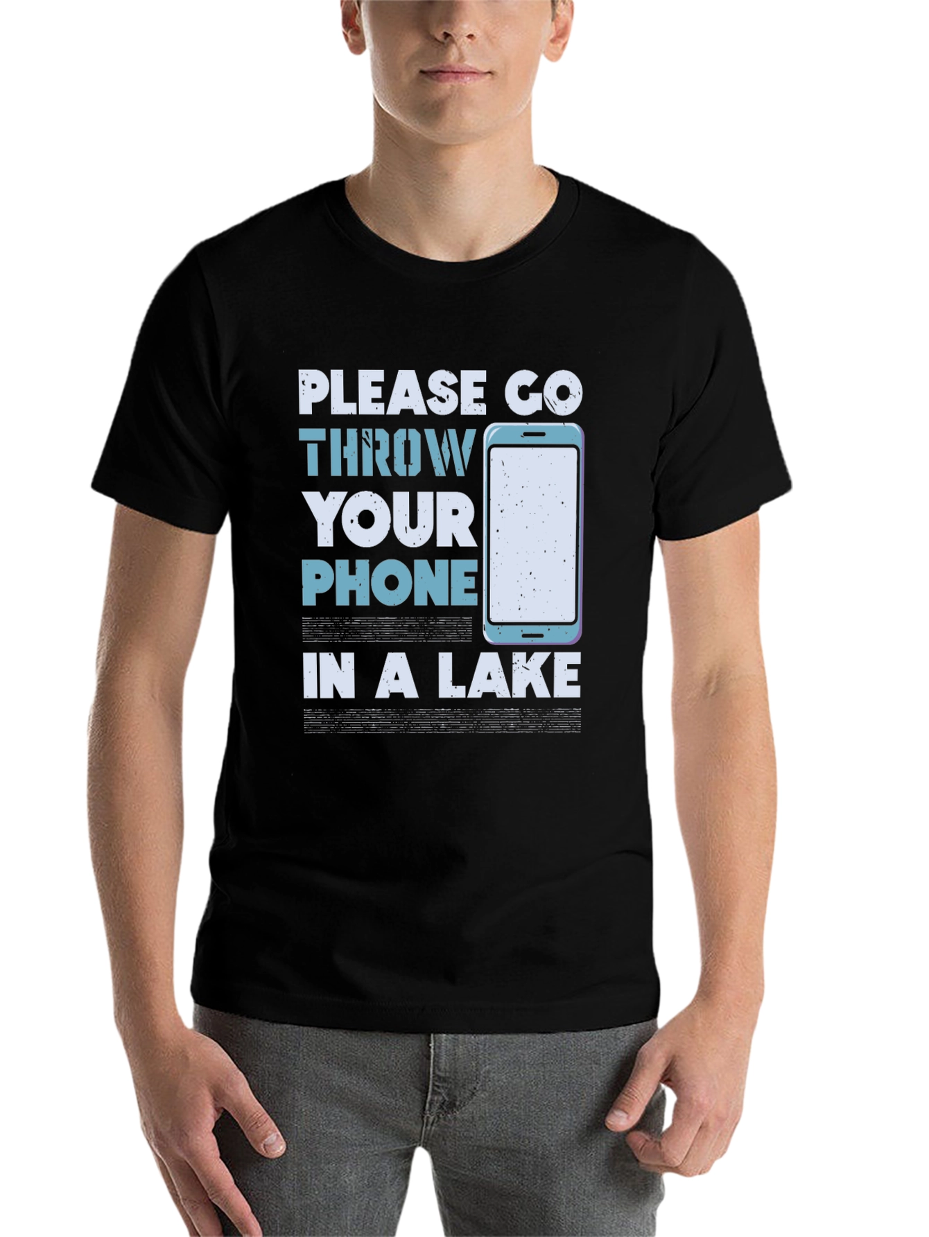 Black Humorous "Throw Your Phone in a Lake" Graphic Tee view 7