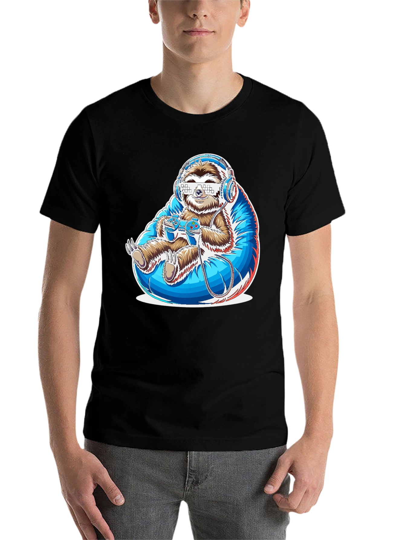 Black Gamer Sloth Graphic Tee - Funny Cool Relaxed Style view 7