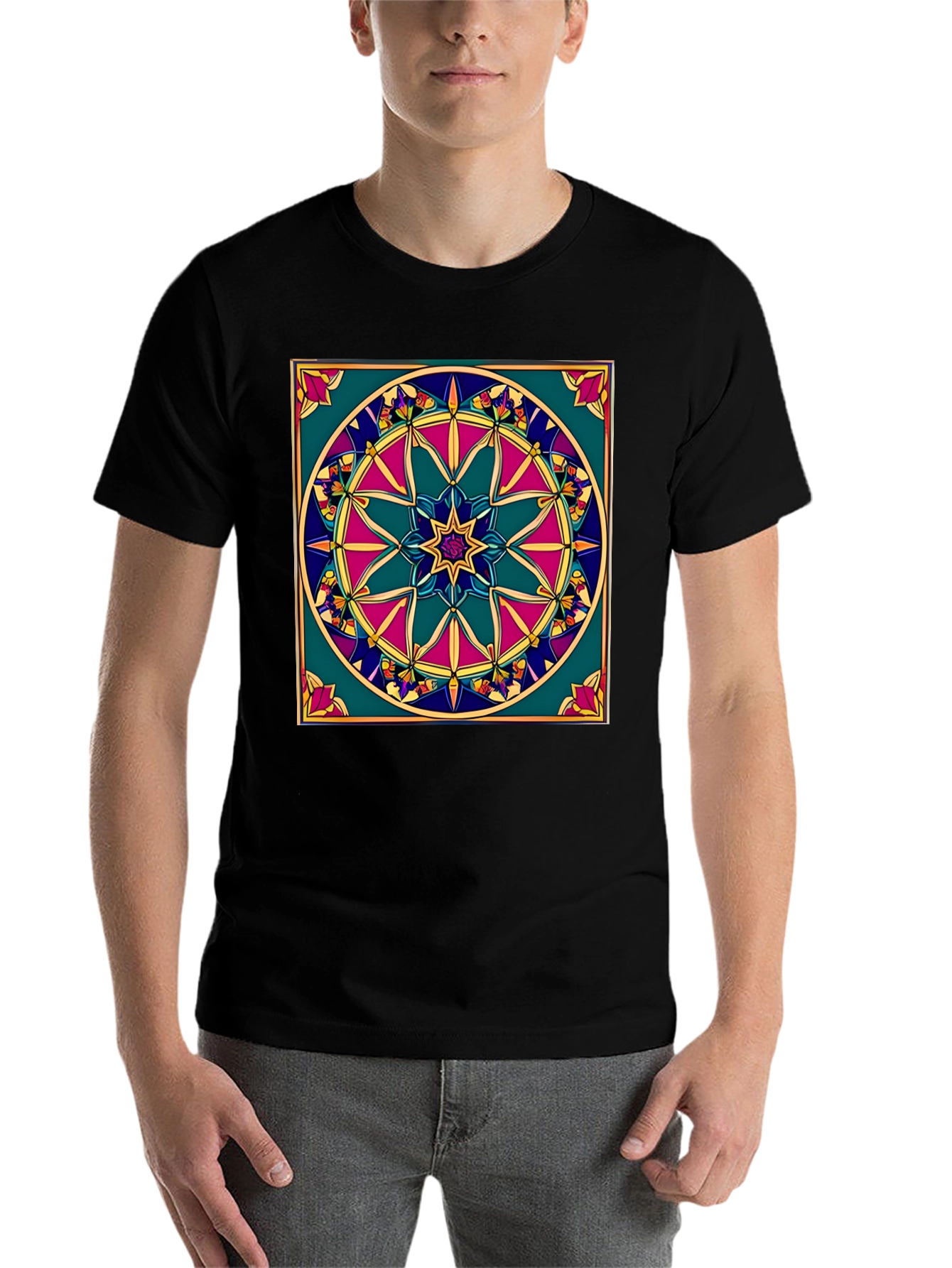 Black Geometric Mandala Design Black T-Shirt view 7