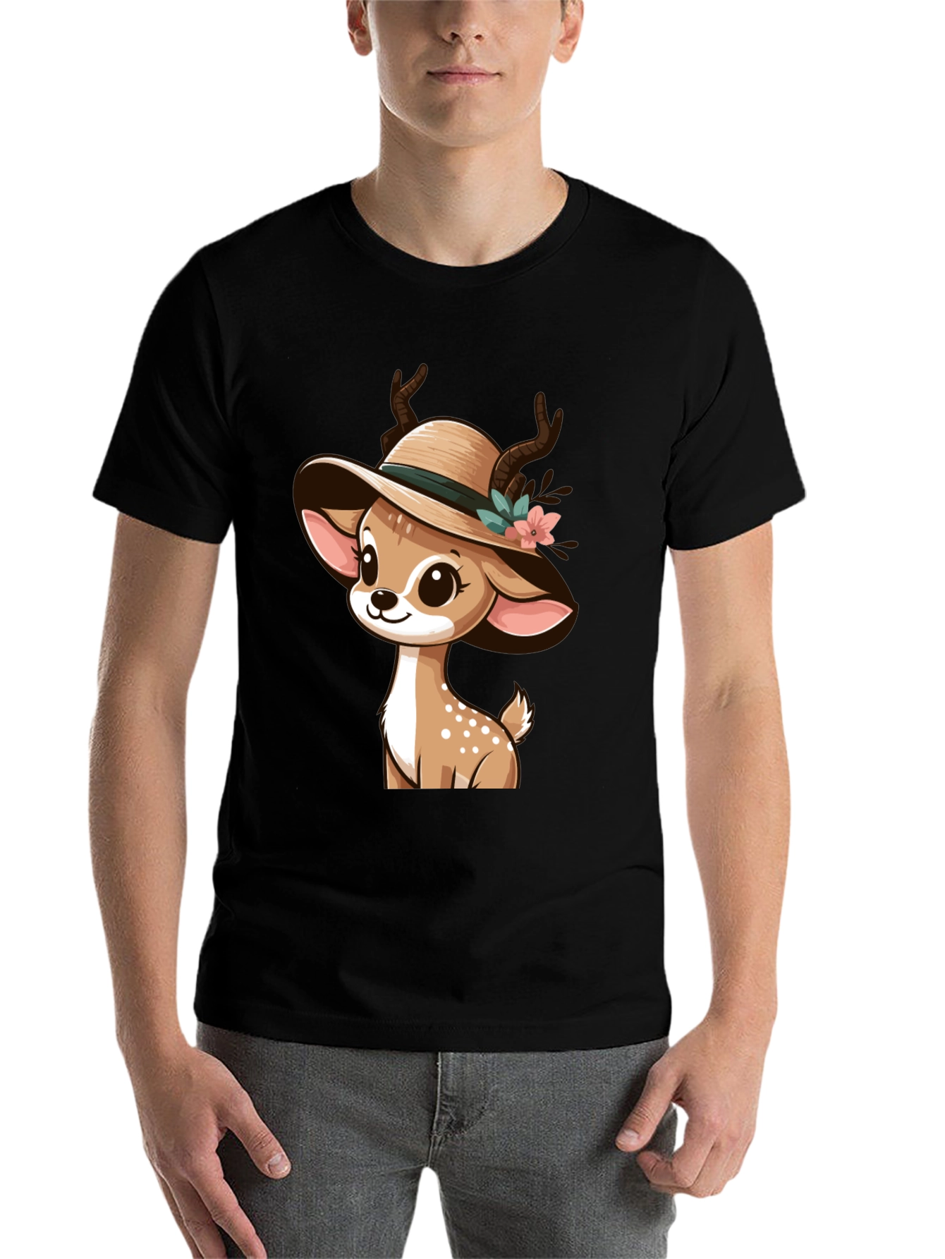 Black Cute Deer in Hat Graphic T-Shirt view 7