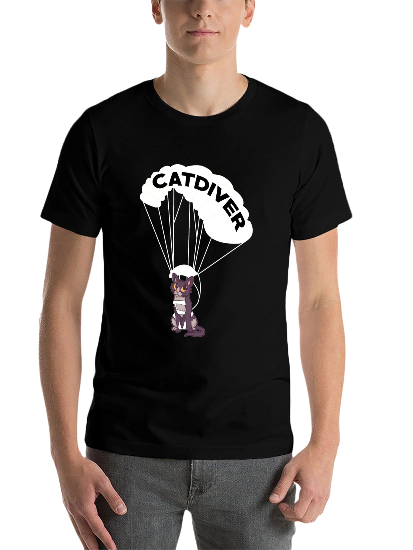 Black Catdiver T-Shirt - Parachuting Cat Graphic Tee view 7