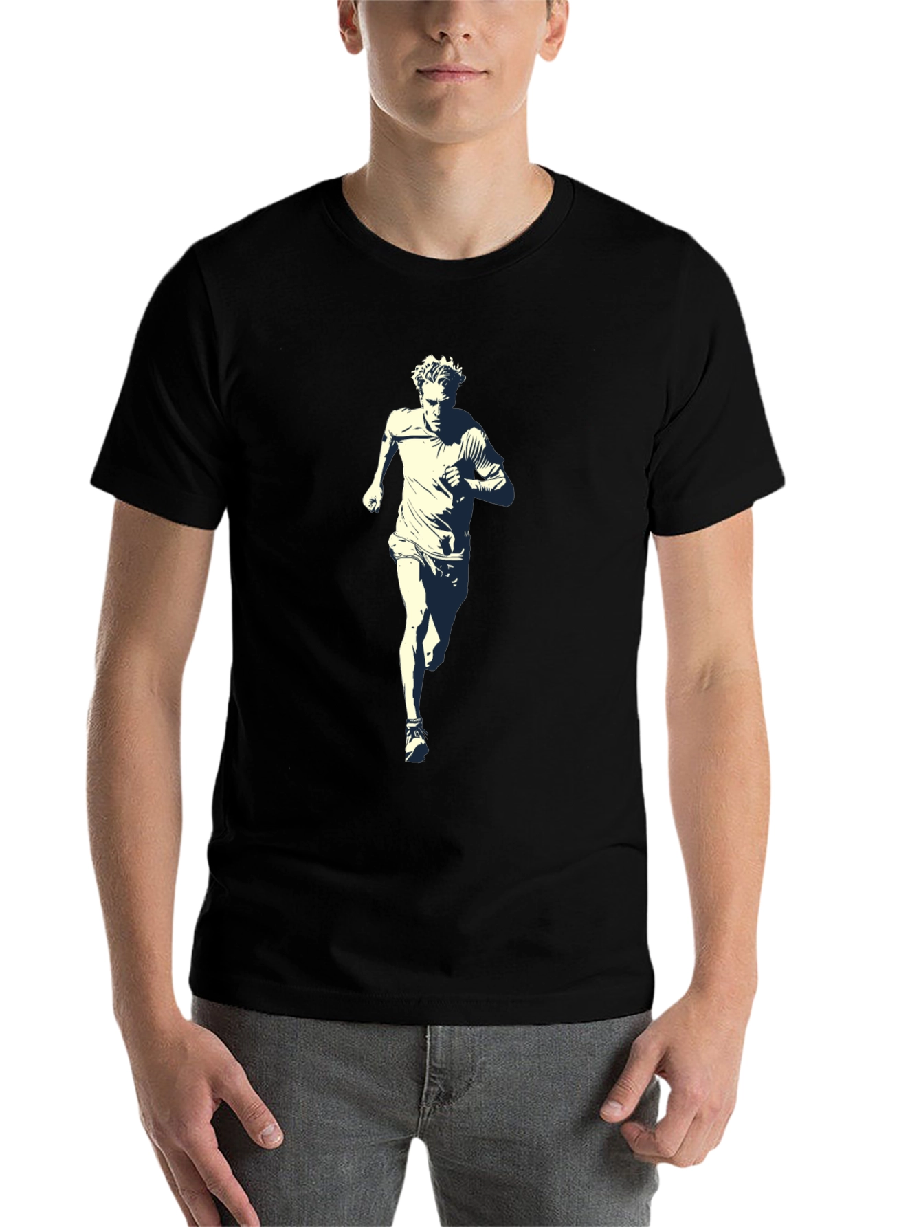 Black Men's Black T-Shirt with Runner Graphic view 7