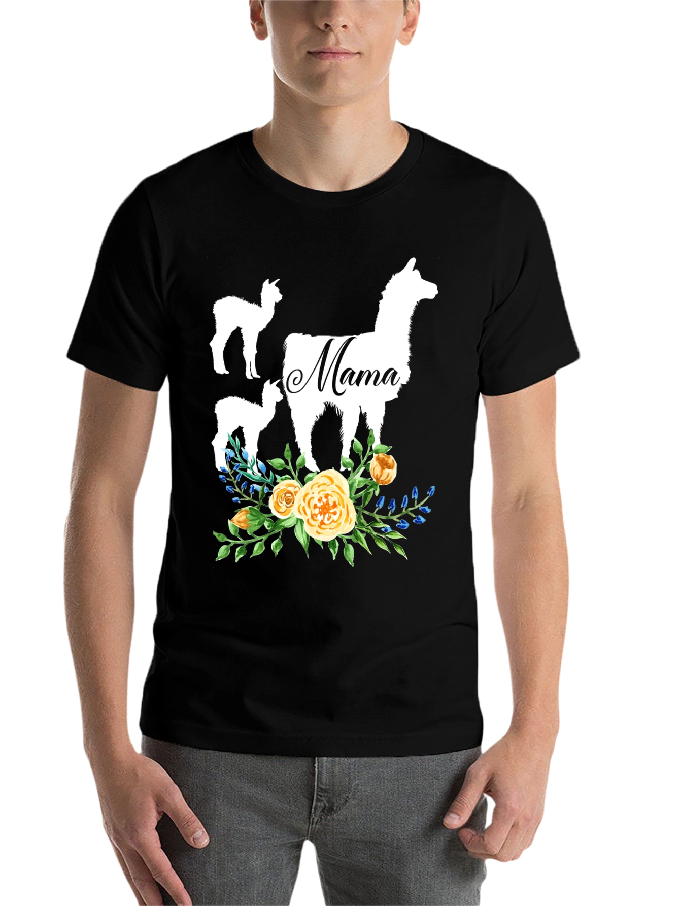Black Mama Llama Floral T-Shirt Cute Alpaca Mom Tee view 7