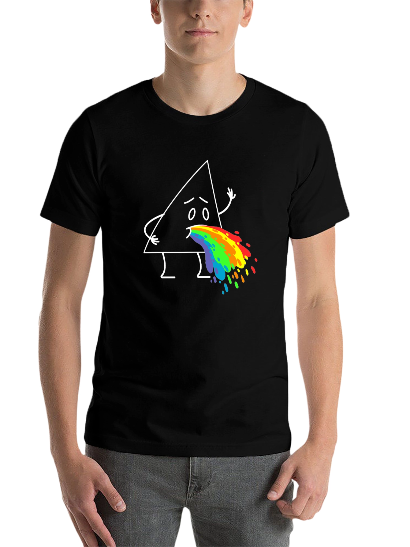 Black Funny Triangle Rainbow Puke Graphic Tee view 7