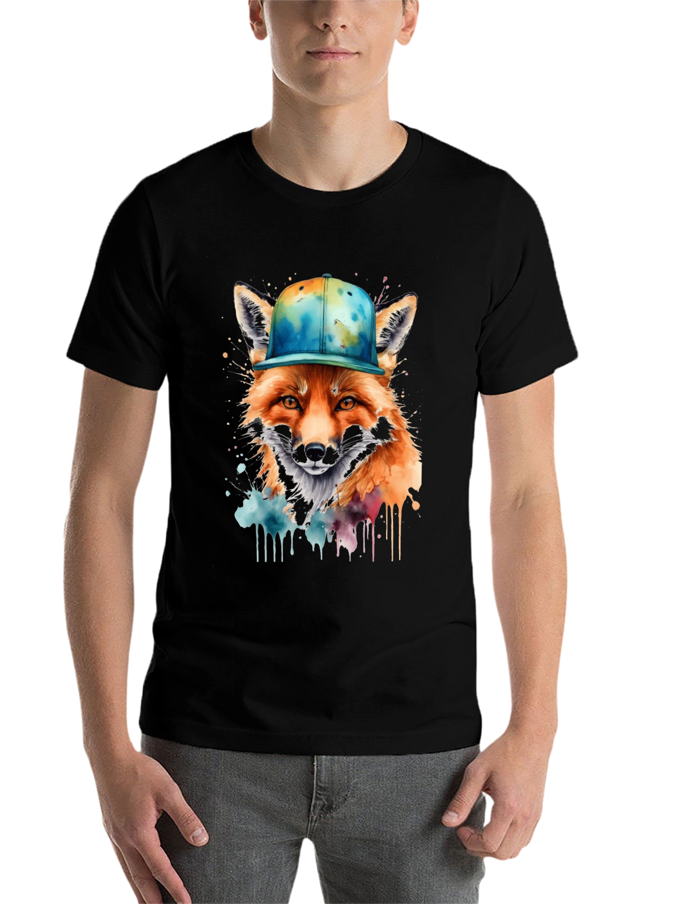 Black Fox in Cap Graphic Tee - Cool Watercolor Design view 7