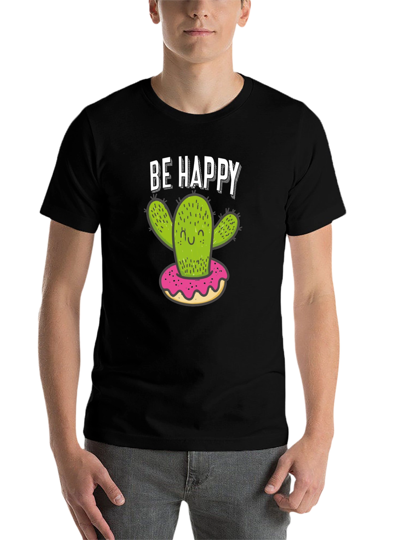 Black Be Happy Cactus Donut Graphic T-Shirt view 7