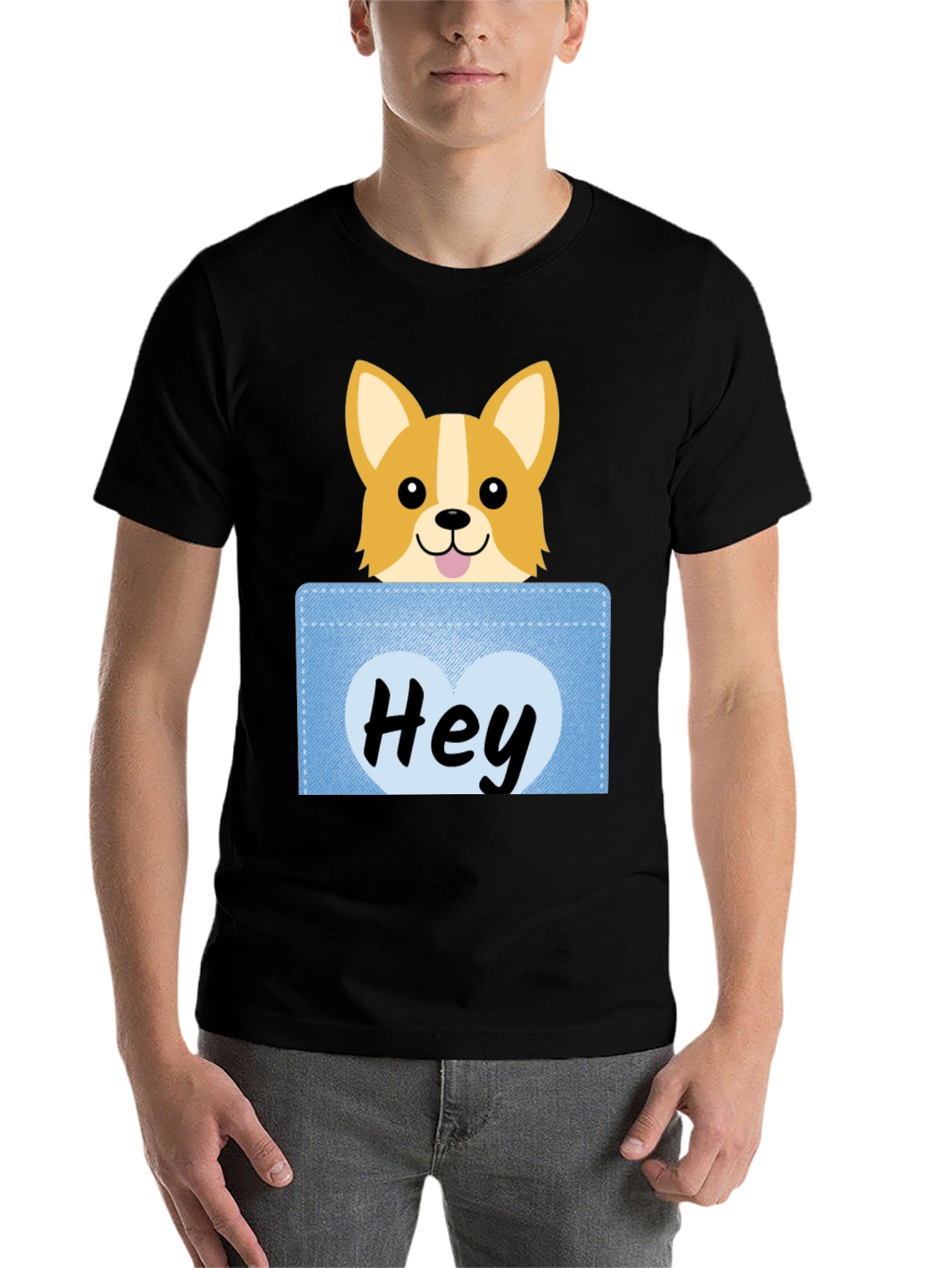 Black Cute Corgi Peek-a-Boo Pocket T-Shirt view 7