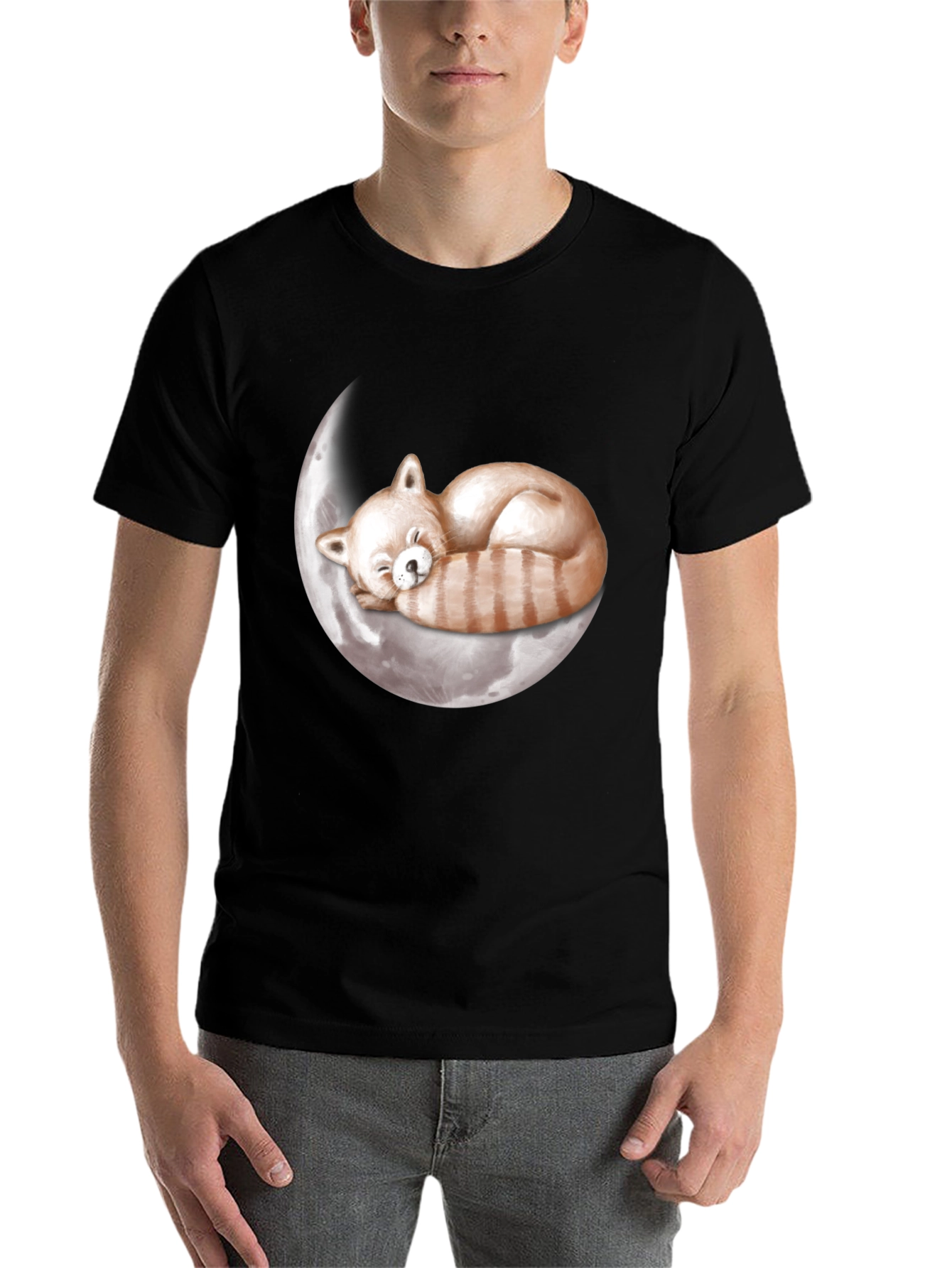 Black Red Panda Moon Sleep T-Shirt view 7