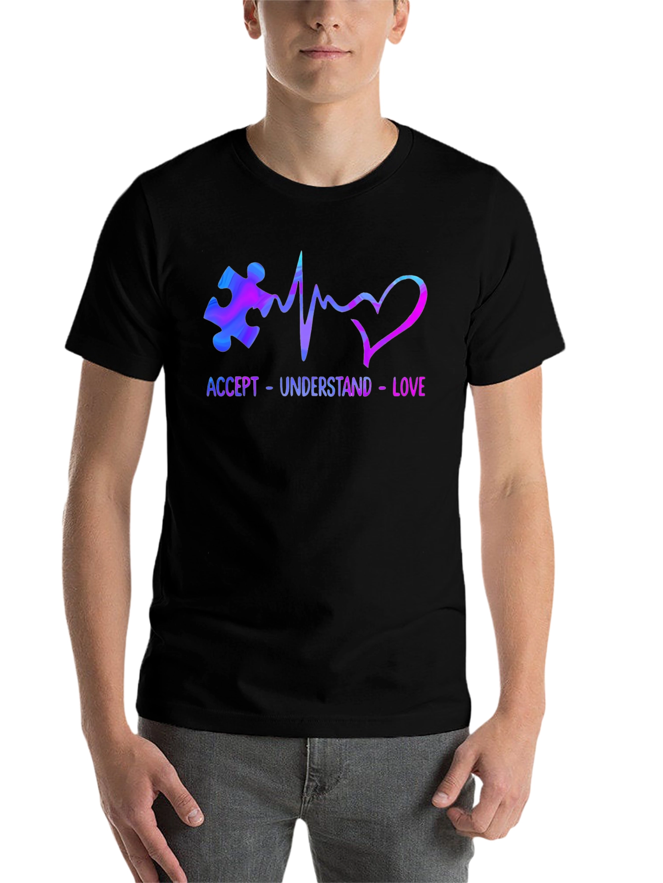 Black Accept Understand Love Autism Awareness T-Shirt view 7