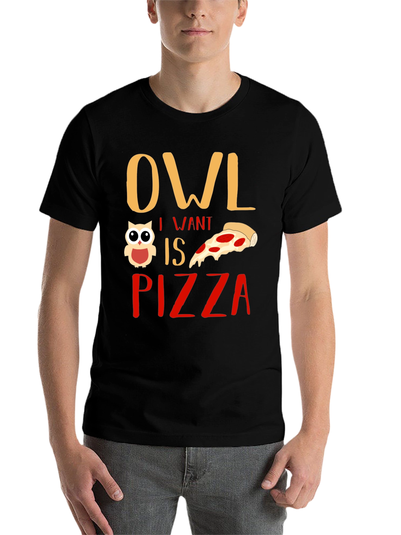 Black Owl I Want is Pizza Graphic T-Shirt view 7