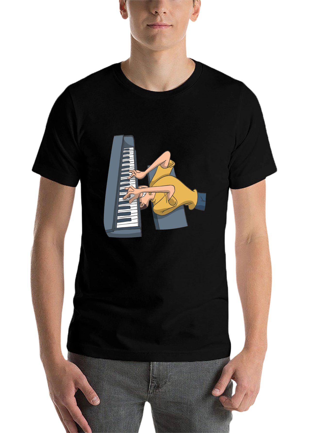 Black Funny Cartoon Piano Player Black T-Shirt view 7