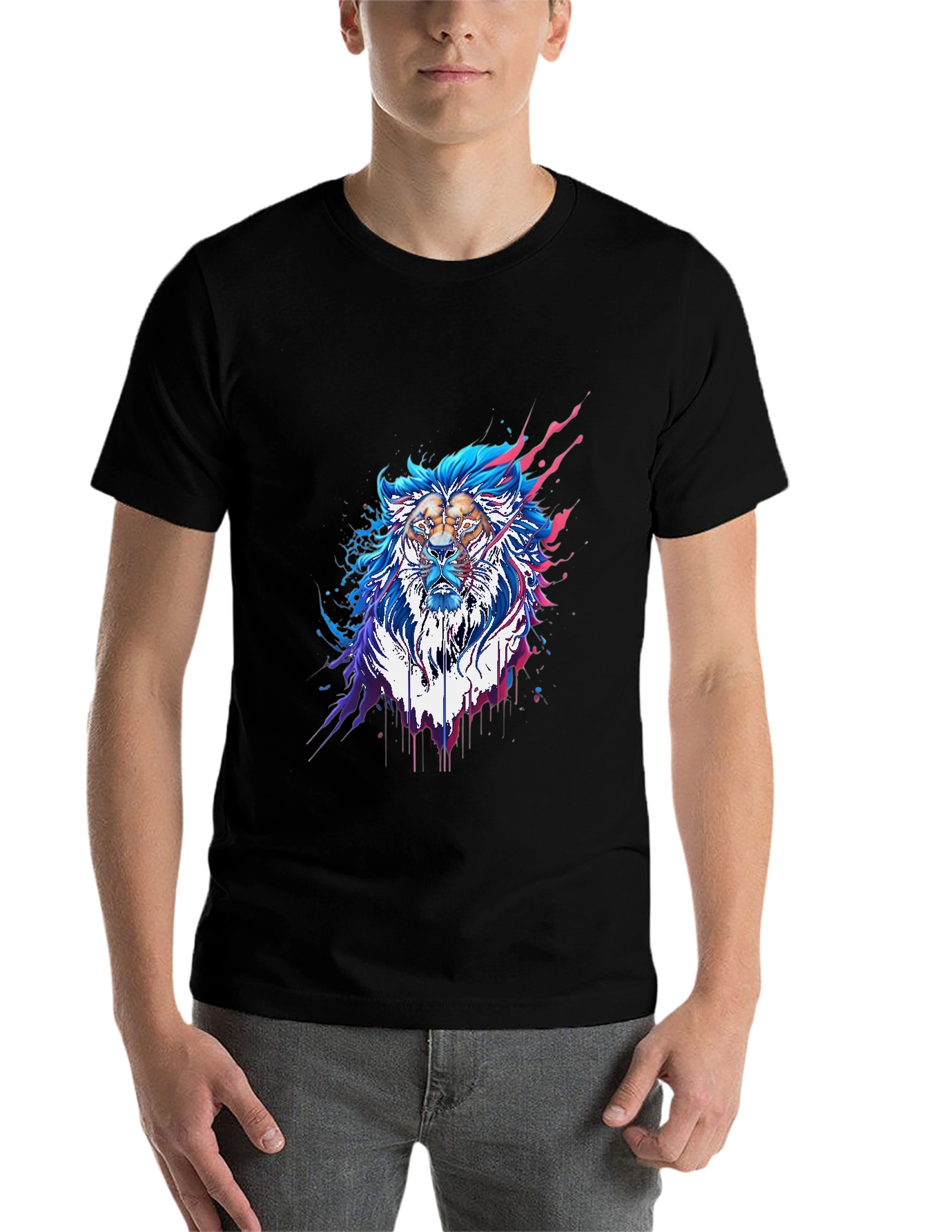 Black Abstract Lion Graphic Tee - Stylish Men's Black T-Shirt view 7