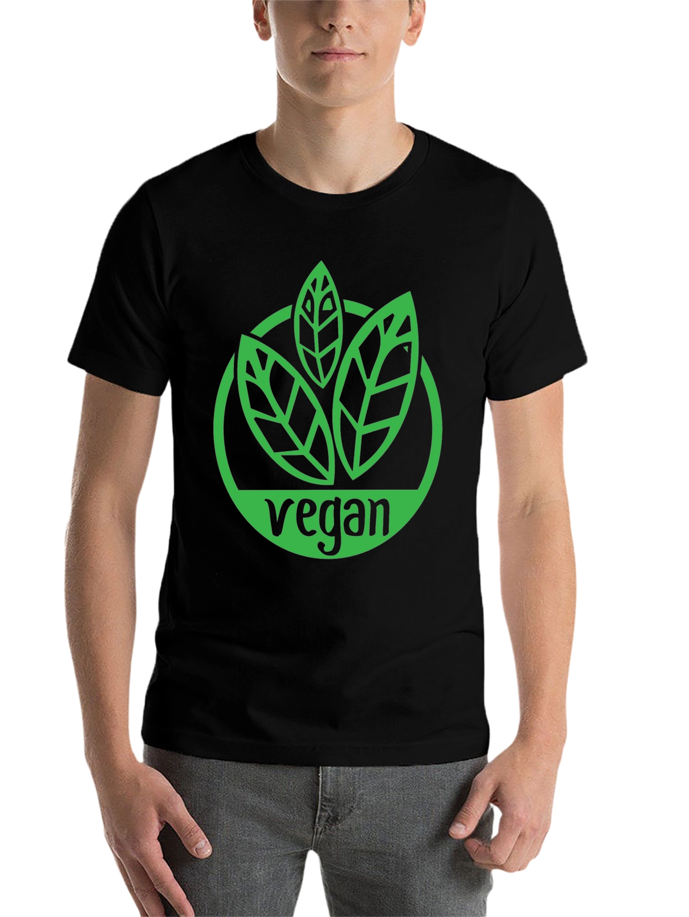 Black Vegan T-Shirt - Green Leaf Logo Black Tee view 7