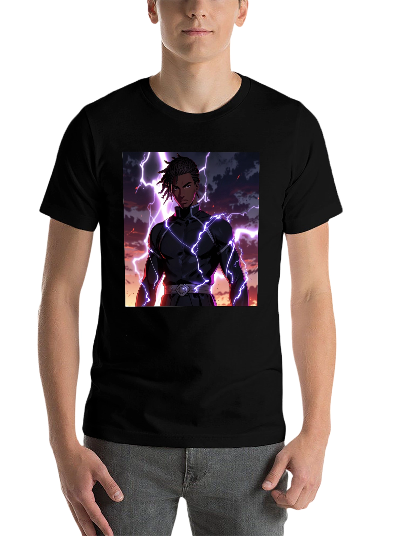Black Anime Lightning Bolt Graphic Tee - Black Cotton Blend view 7