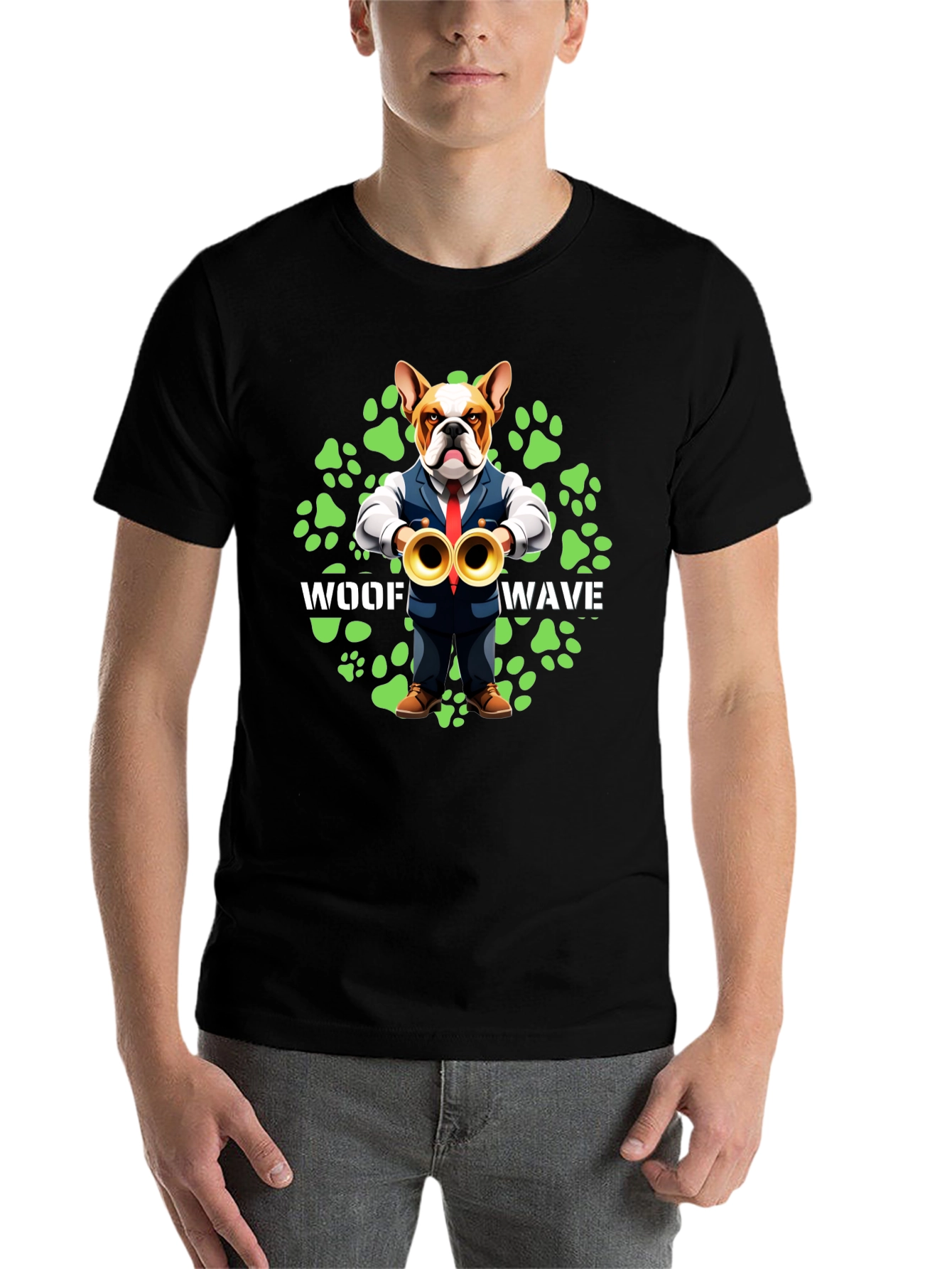Black Woof Wave Bulldog Musician T-Shirt view 7