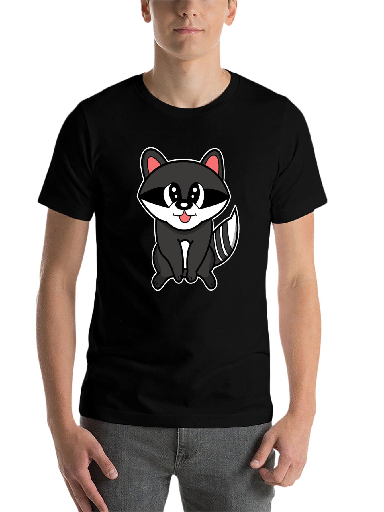 Black Cute Raccoon Cartoon Black T-Shirt view 7