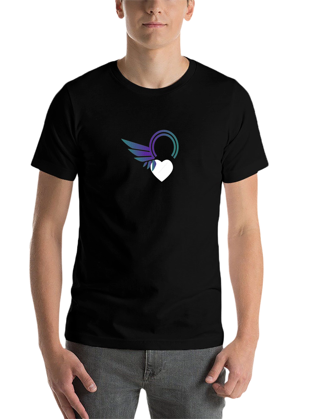 Black Stylish Black T-Shirt with Heart & Wings Graphic Print view 7