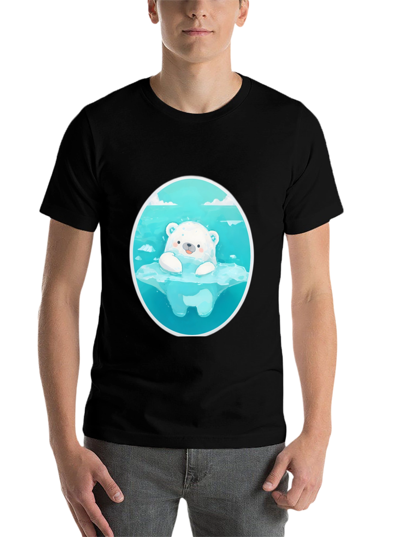 Black Cute Polar Bear Graphic Tee - Black Cotton T-Shirt view 7