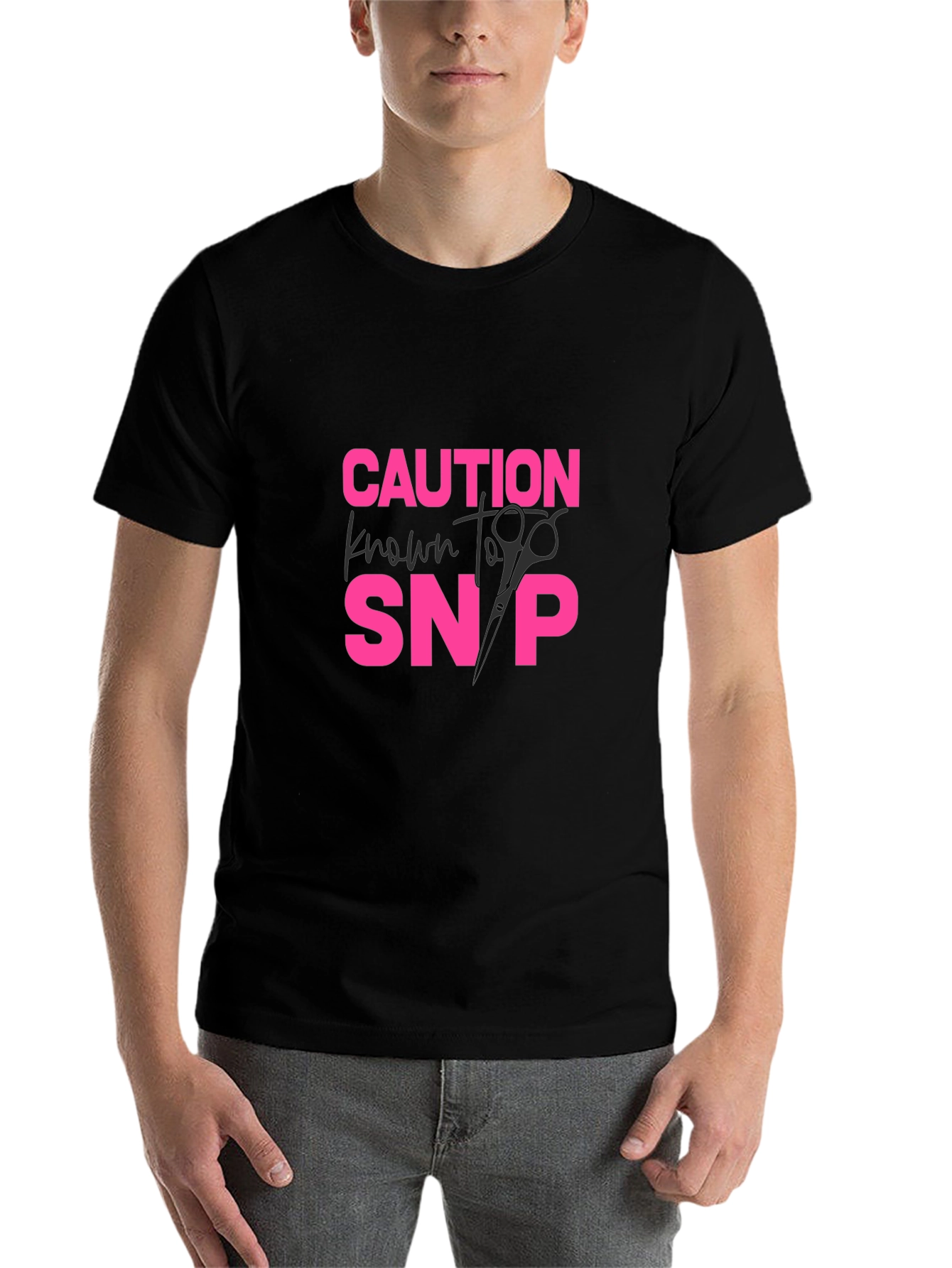 Black Caution Known to Snip T-Shirt - Hair Stylist Tee view 7