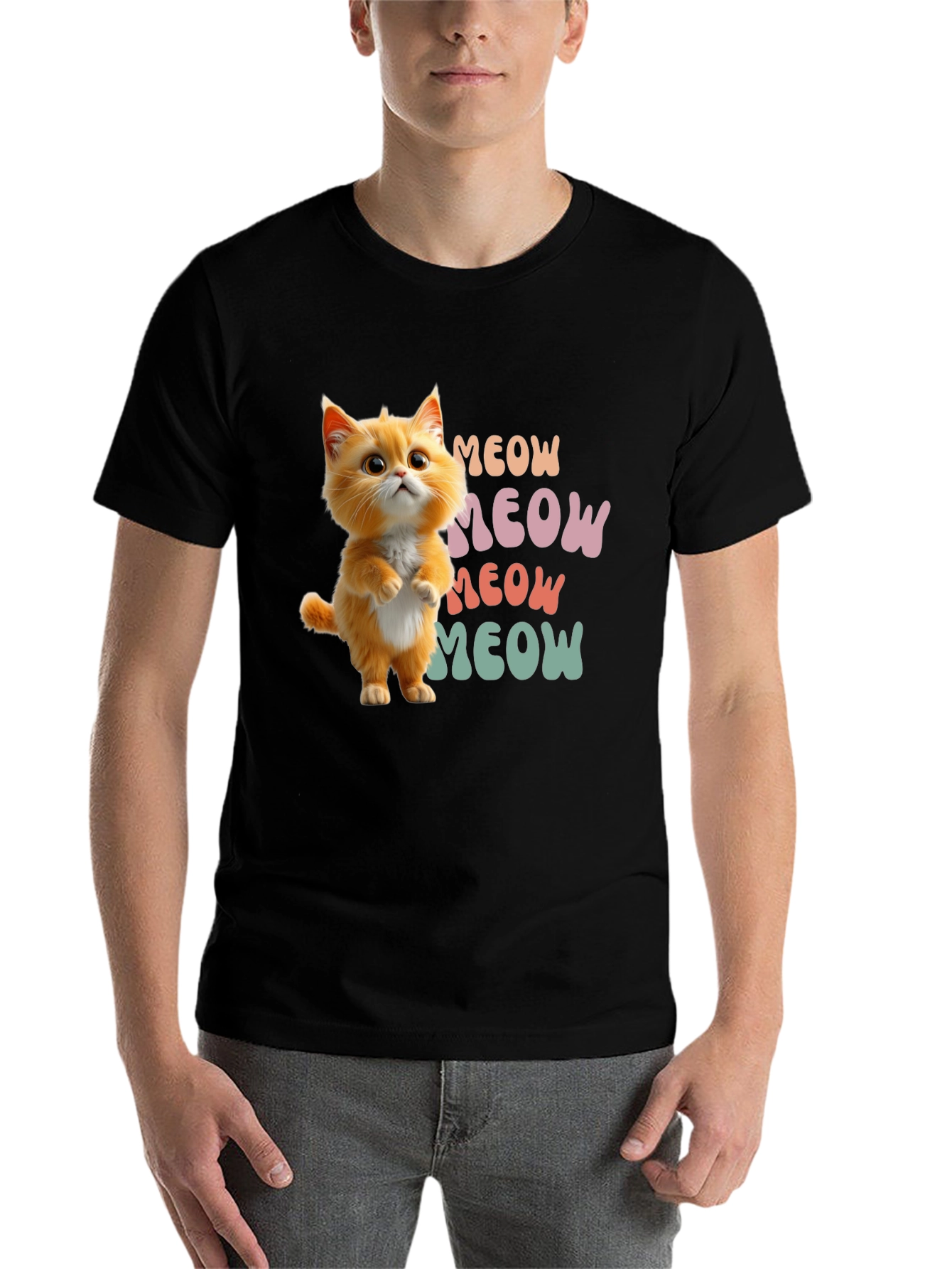 Black Cute Cartoon Cat Meow Graphic T-Shirt view 7