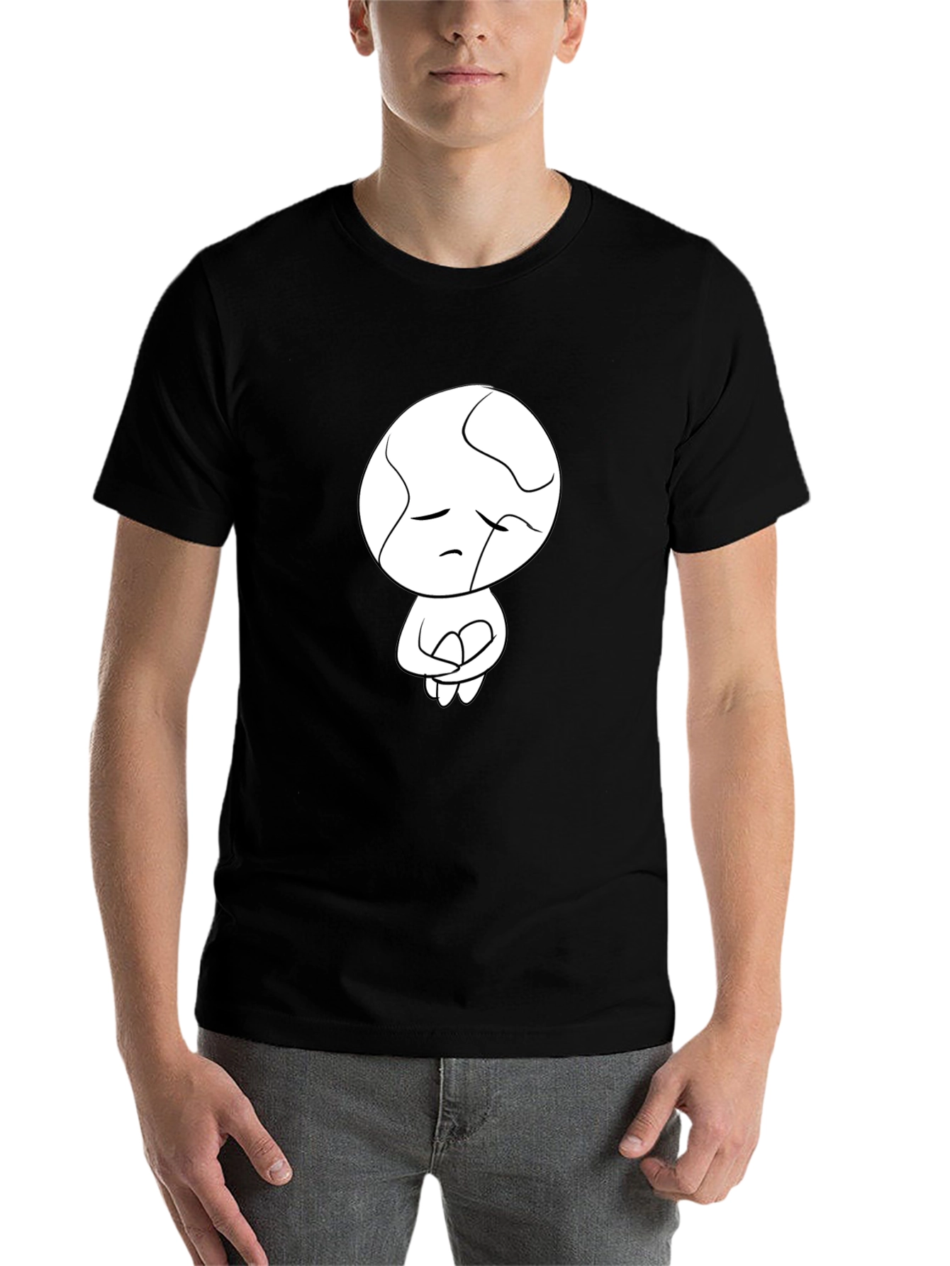 Black Unique Graphic Tee - Sad Abstract Character Print - Black view 7