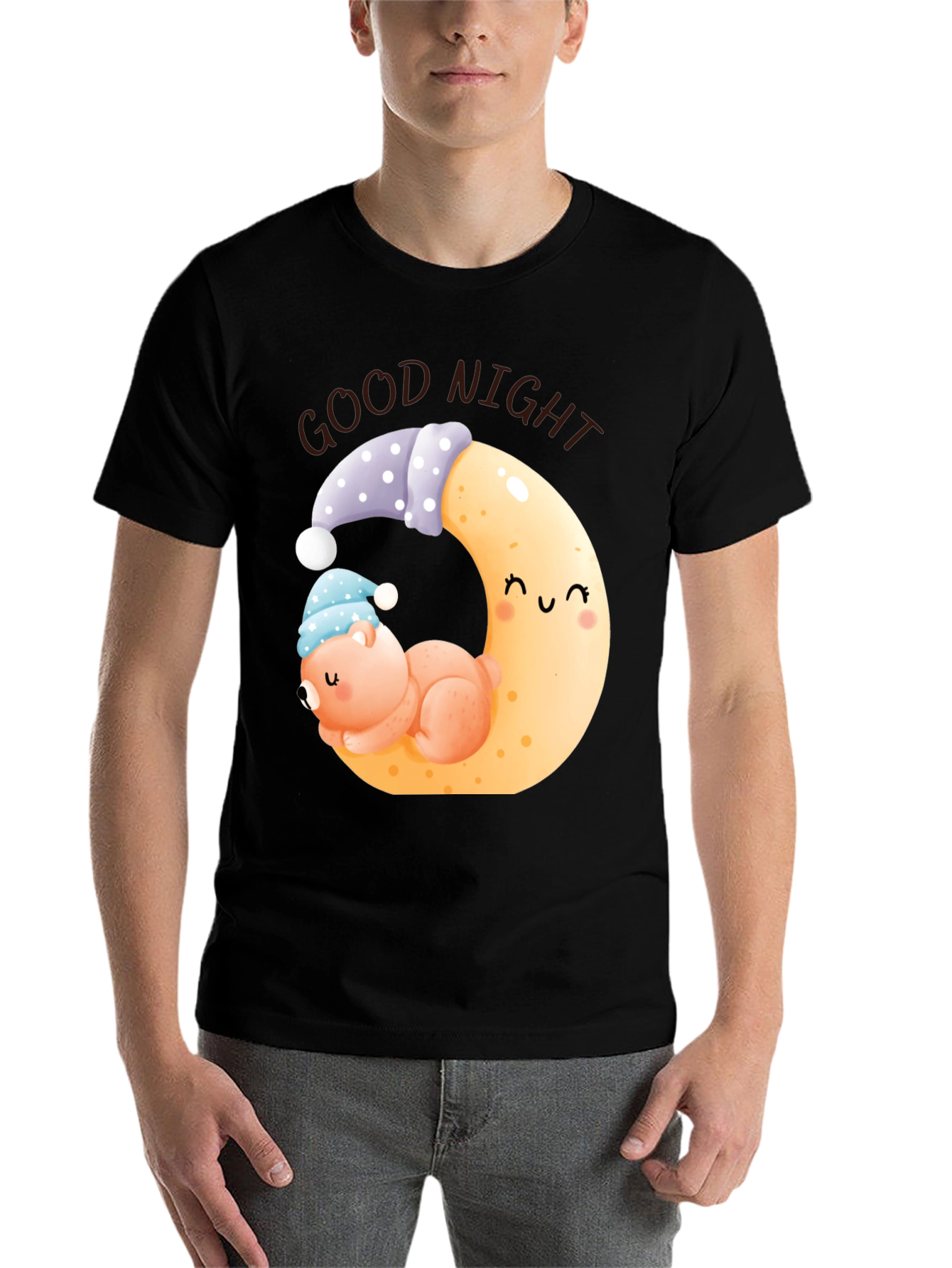 Black Good Night Bear Moon Graphic Black T-Shirt view 7