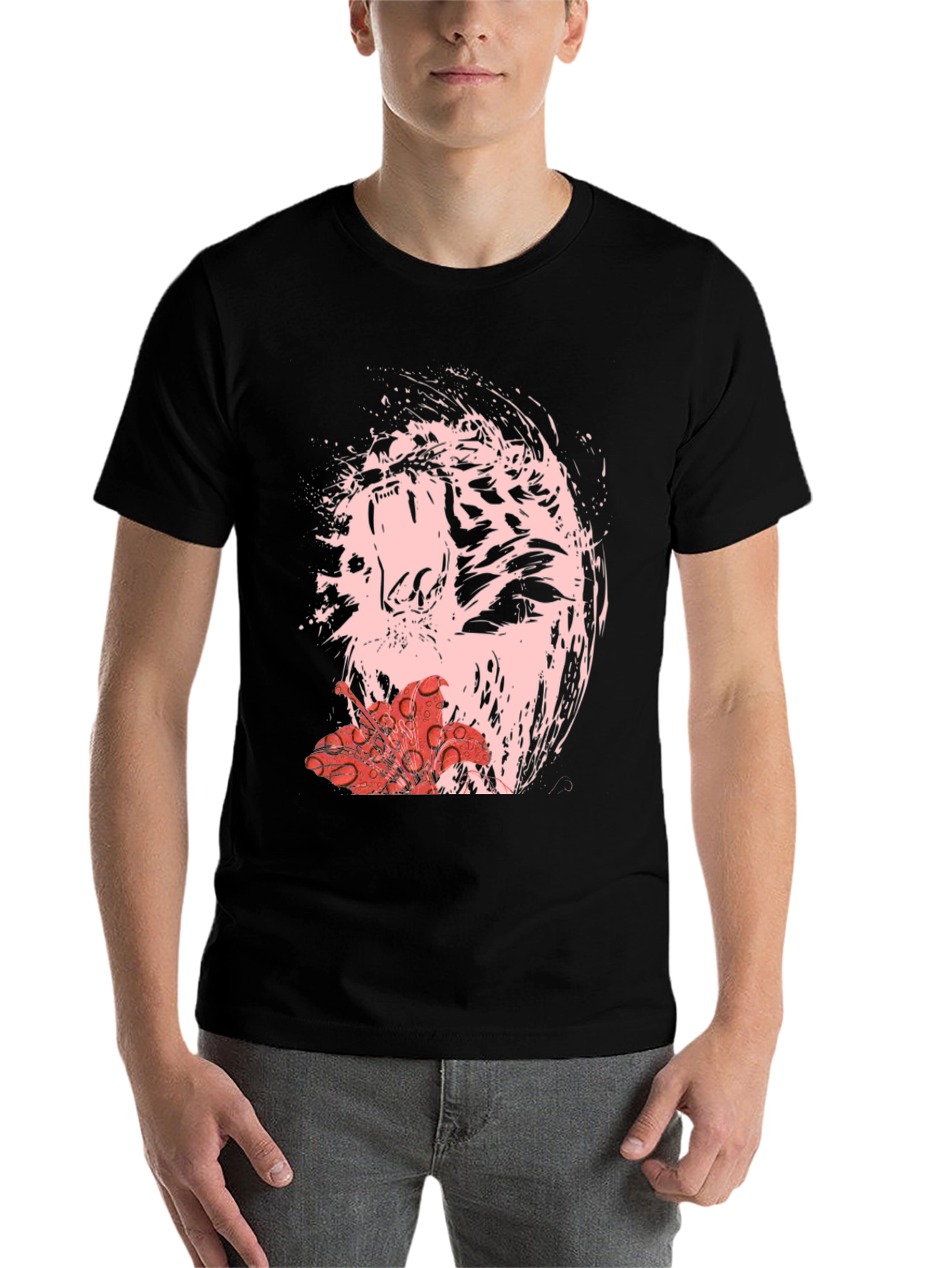 Black Abstract Tiger & Flower Graphic Black Tee view 7