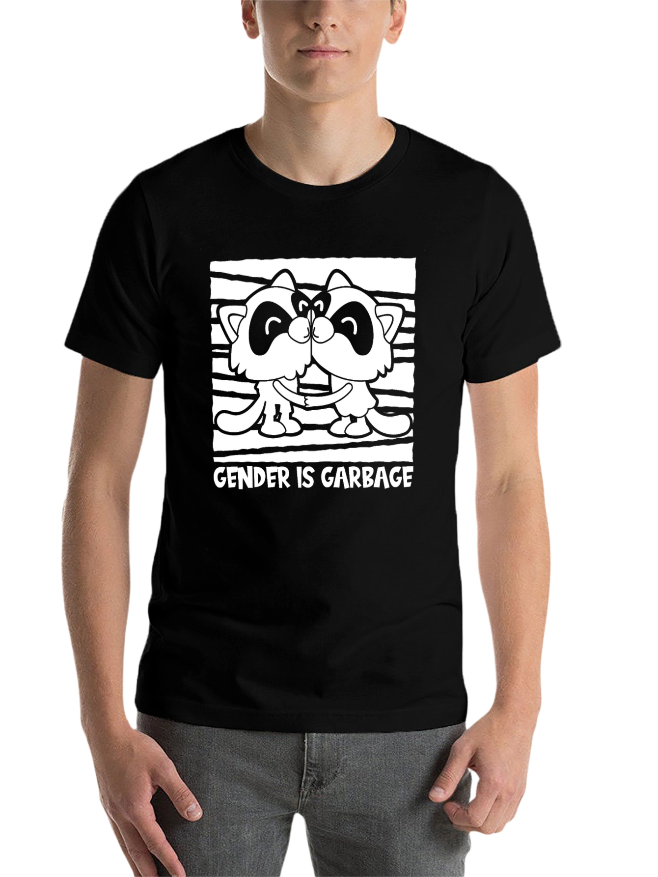 Black Gender is Garbage Raccoon Kissing Graphic Tee view 7