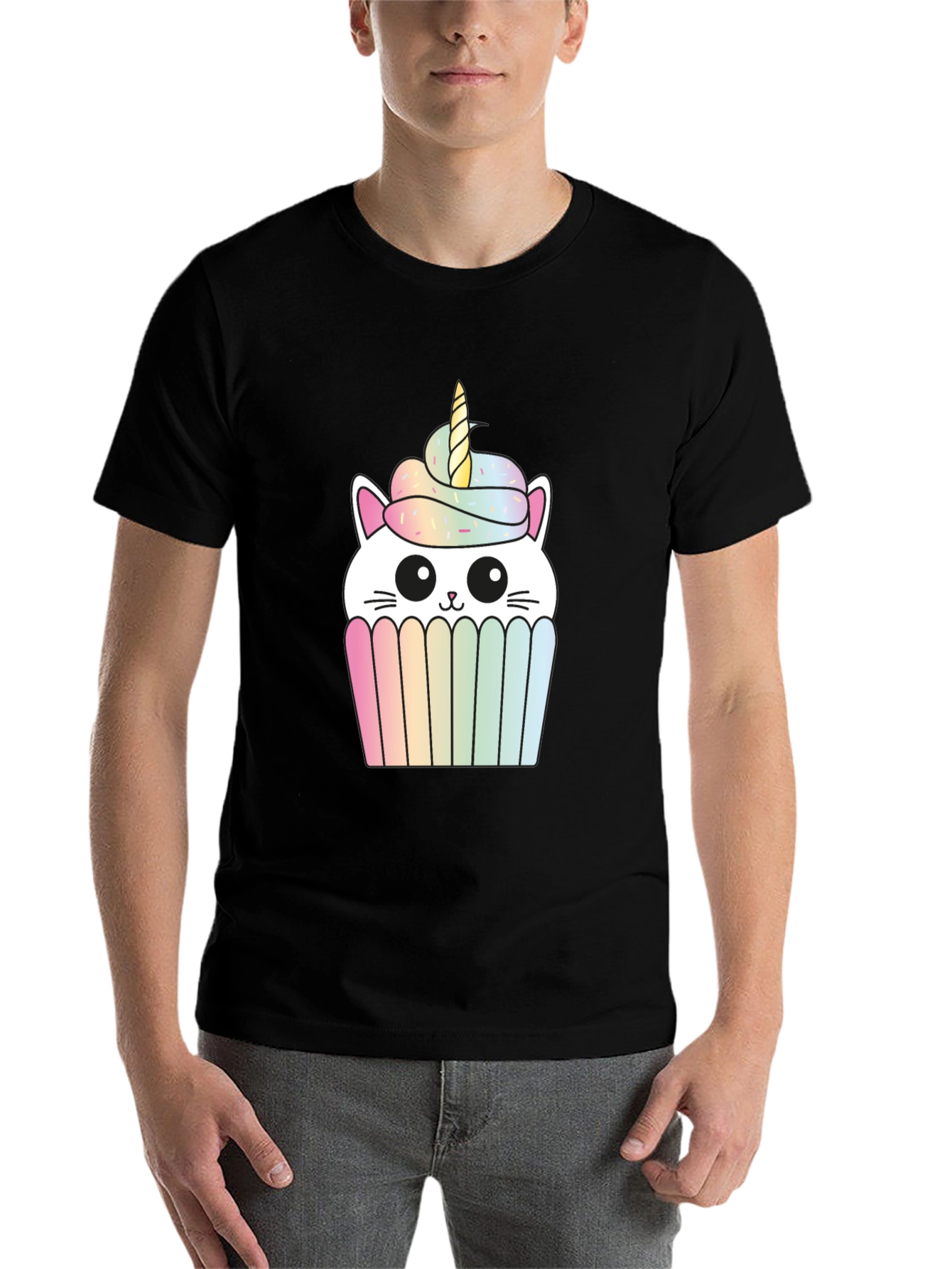 Black Unicorn Cat Cupcake Graphic Tee - Black Cotton T-Shirt view 7