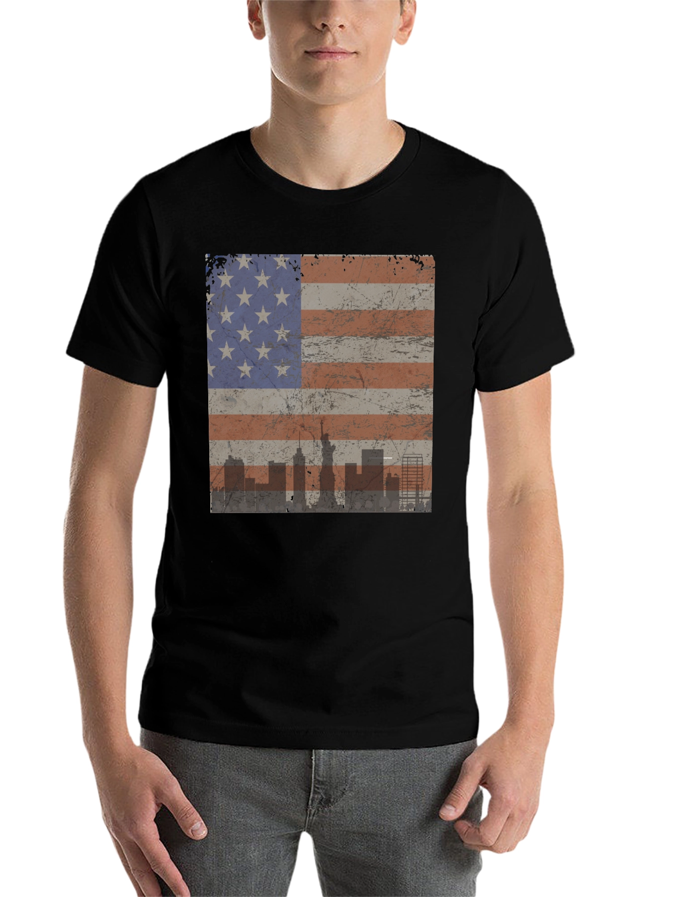 Black American Flag Skyline Graphic Tee - Patriotic Style view 7
