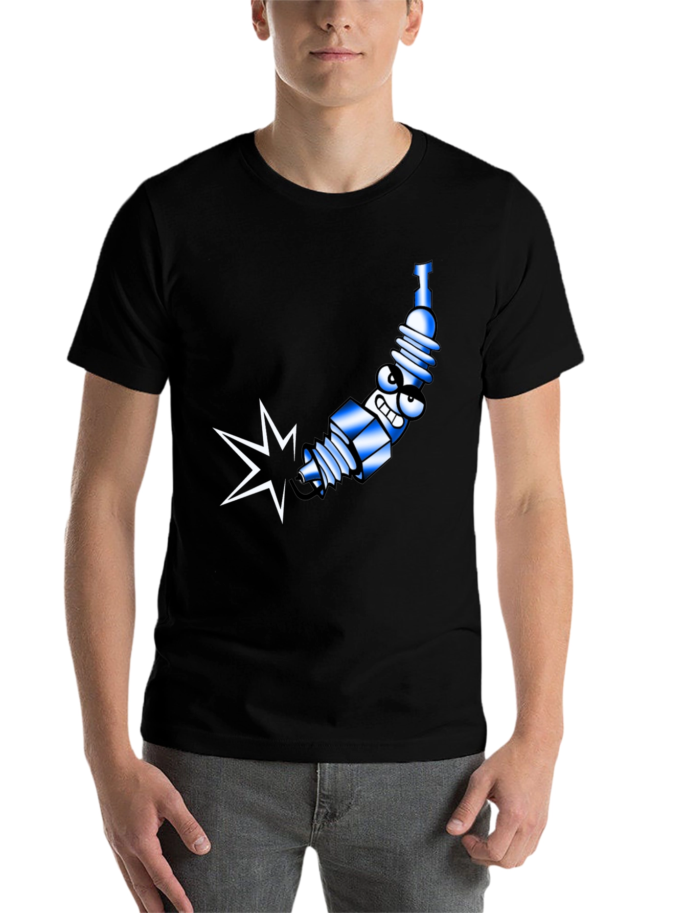 Black Spark Plug Cartoon Graphic Tee - Black Cotton Blend view 7
