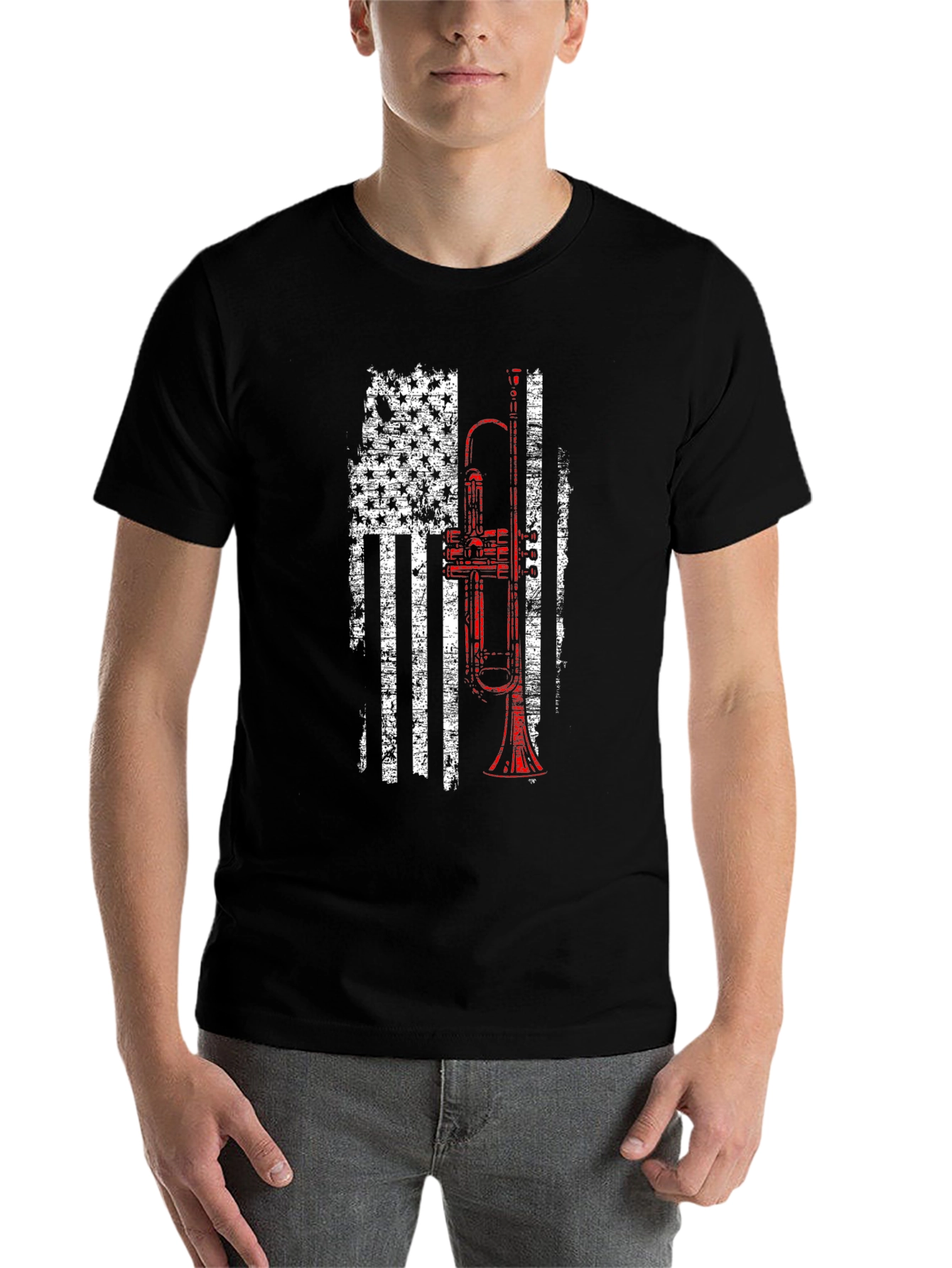 Black Trumpet American Flag Patriotic T-Shirt view 7
