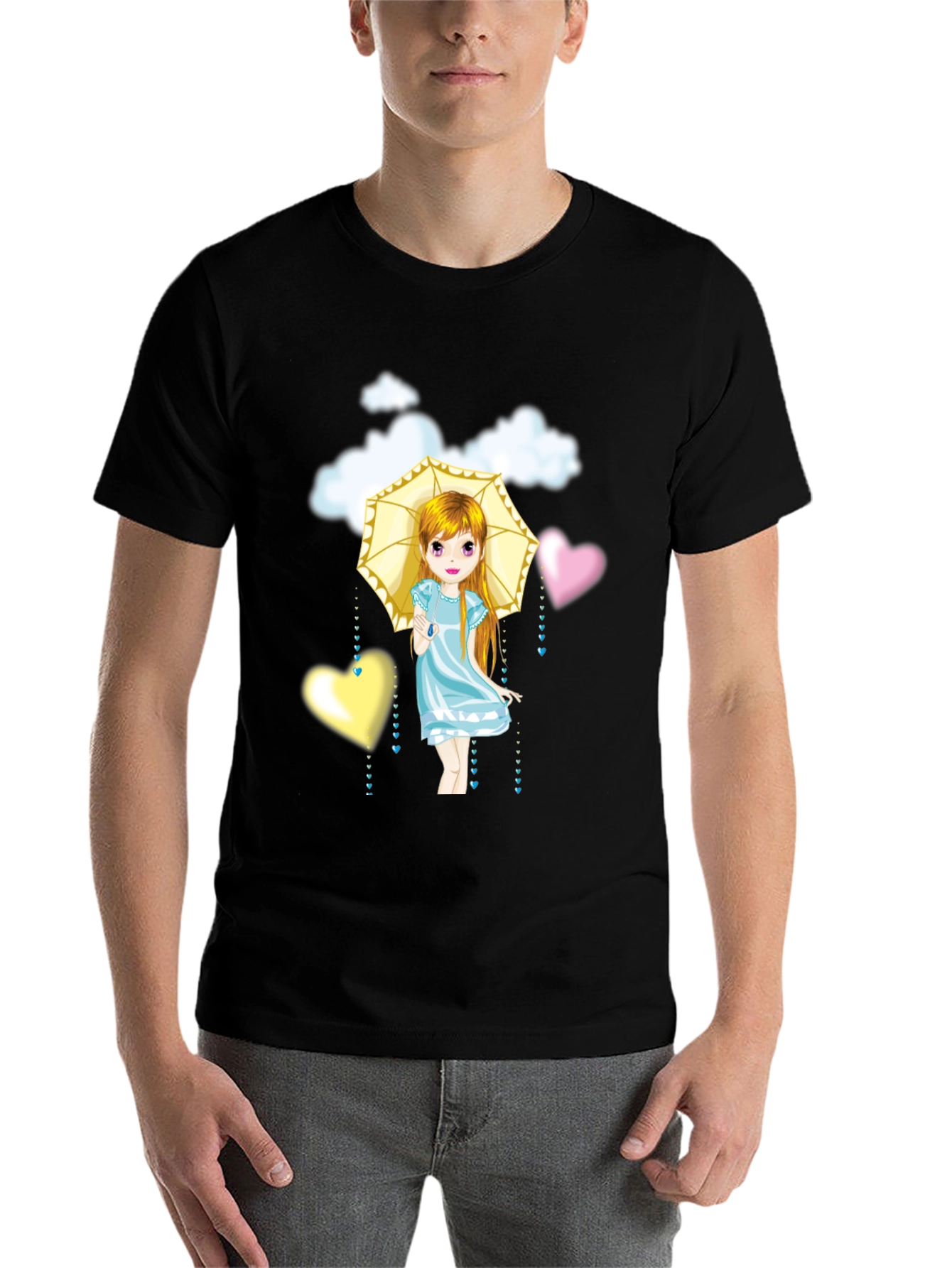 Black Cute Girl Umbrella Heart Cloud Black T-Shirt view 7